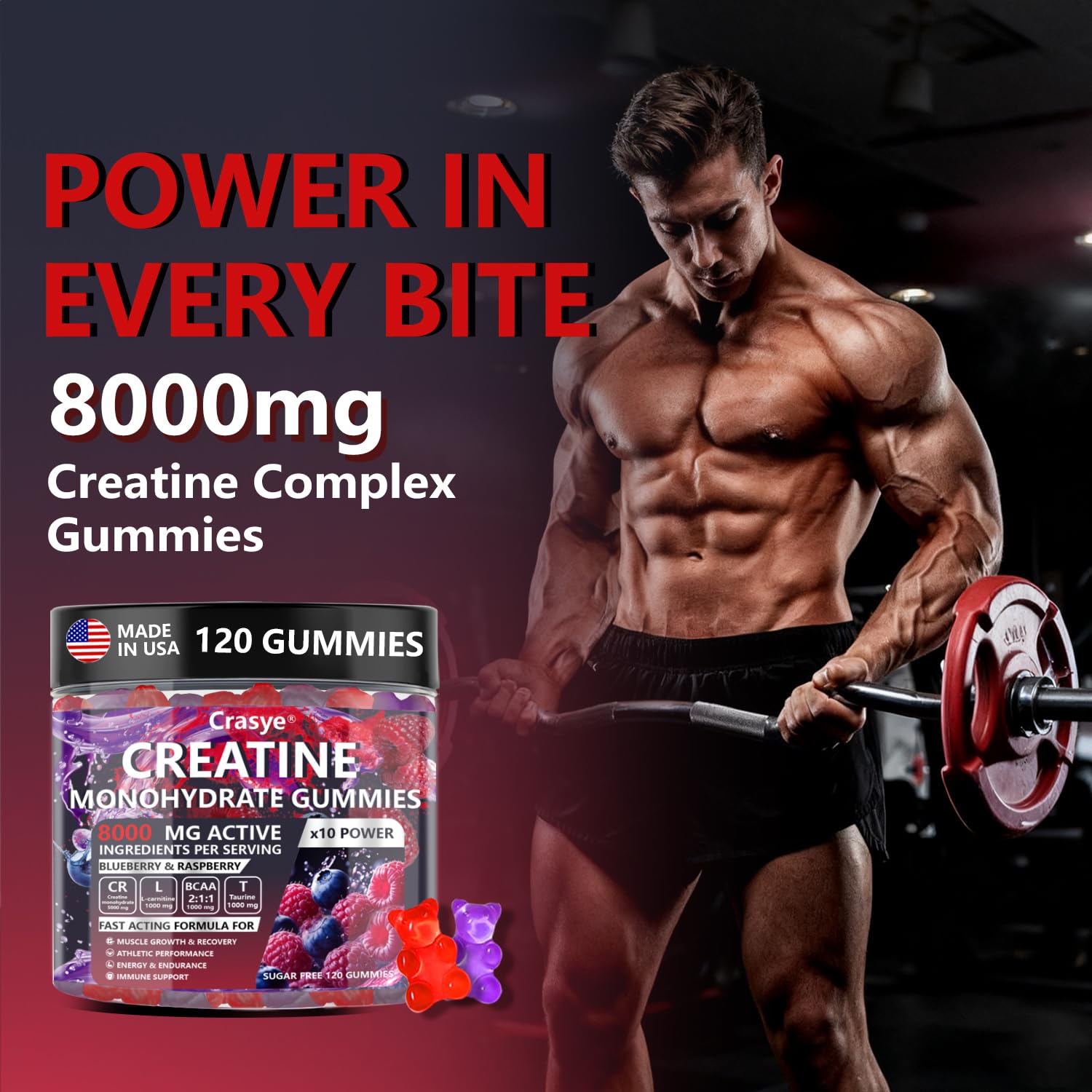 Crasye Creatine Gummies Complex 8000mg for Men and Women Creatine Monohydrate Gummy with BCAA Taurine for Muscle Strength and Energy Boost Sugar Crasye uk supplements