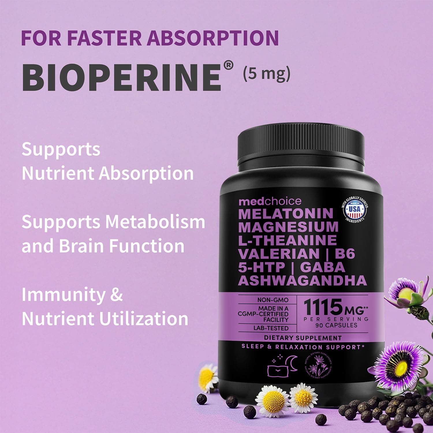12-in-1 Melatonin Sleep Capsules - Natural Sleep Aids for Adults with Melatonin 5mg and Magnesium Glycinate 500mg, Sleep Aid with Ashwagandha, L Theanine, Valerian Root, GABA, 5-HTP (90ct, Pack of 1) MEDCHOICE uk supplements