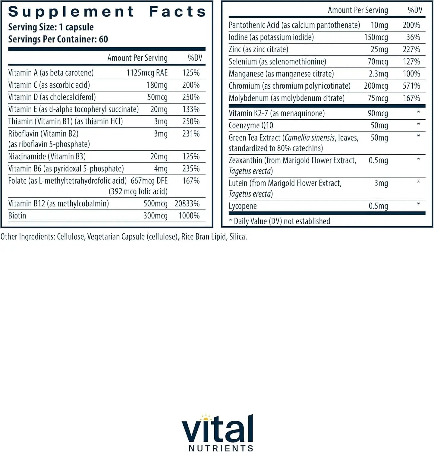 Vital Nutrients Once Daily Multivitamin | Vegan Multi for Women & Men | Allergen-Free | 19 Essential Vitamins + Antioxidants for Eye and Heart Health | Vital Nutrients uk supplements