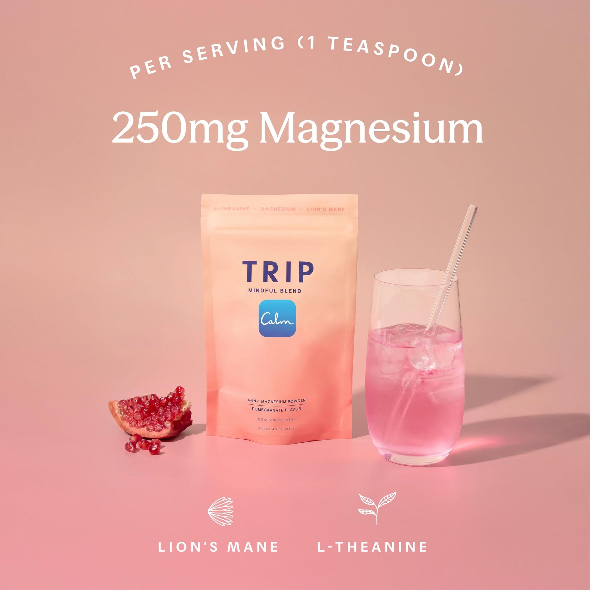 TRIP Magnesium Glycinate Powder with L-Theanine & Lion’s Mane, Sugar Free Magnesium Supplement for Adults, 250mg Magnesium per Drink Mix Serving, Pomegranate Orange Blossom, 1 Bag - 30 Servings TRIP uk supplements