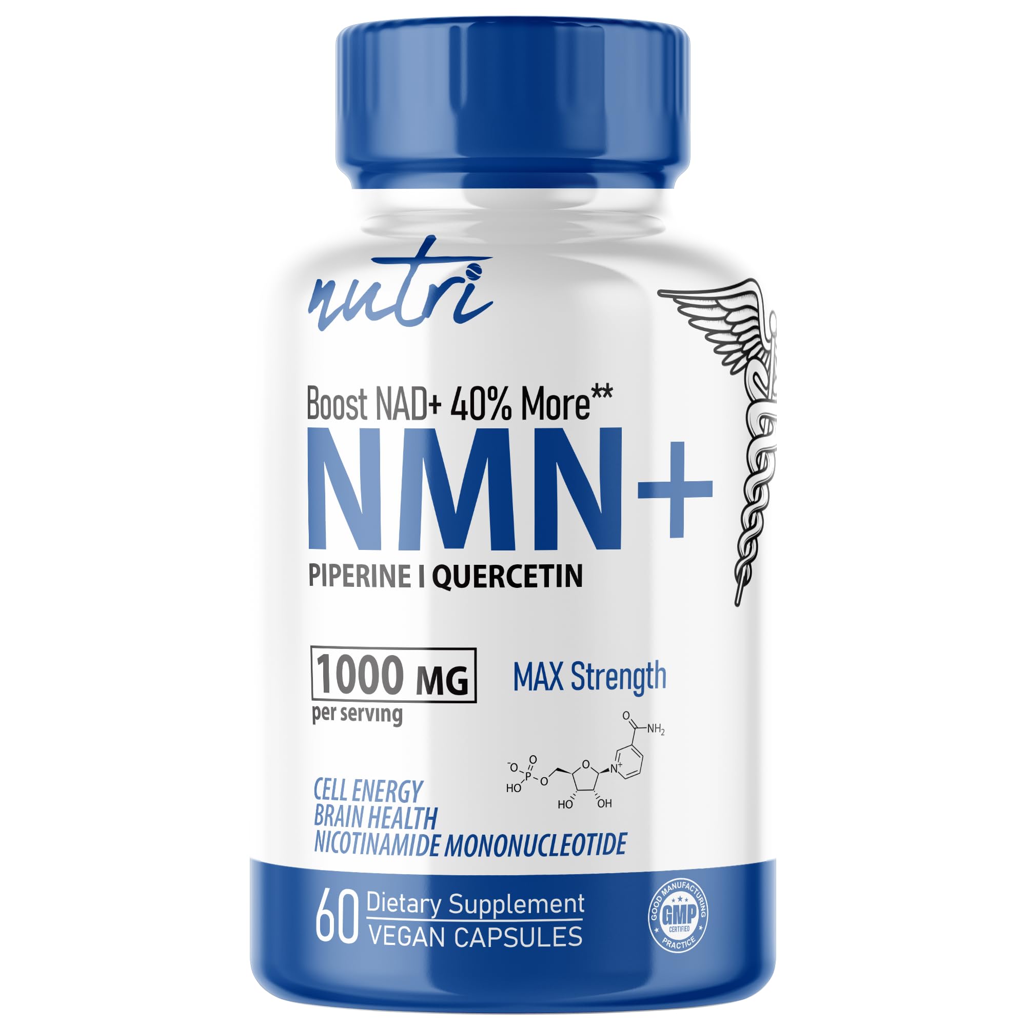 NMN Supplement 1000mg NAD Supplement - Nutri Ultra High Absorption Stabilized NMN Nicotinamide Mononucleotide, 40% More NAD+ with Quercetin Phytosome & Black Pepper - mnm supplement (60 Capsules) Nature's Fusions uk supplements