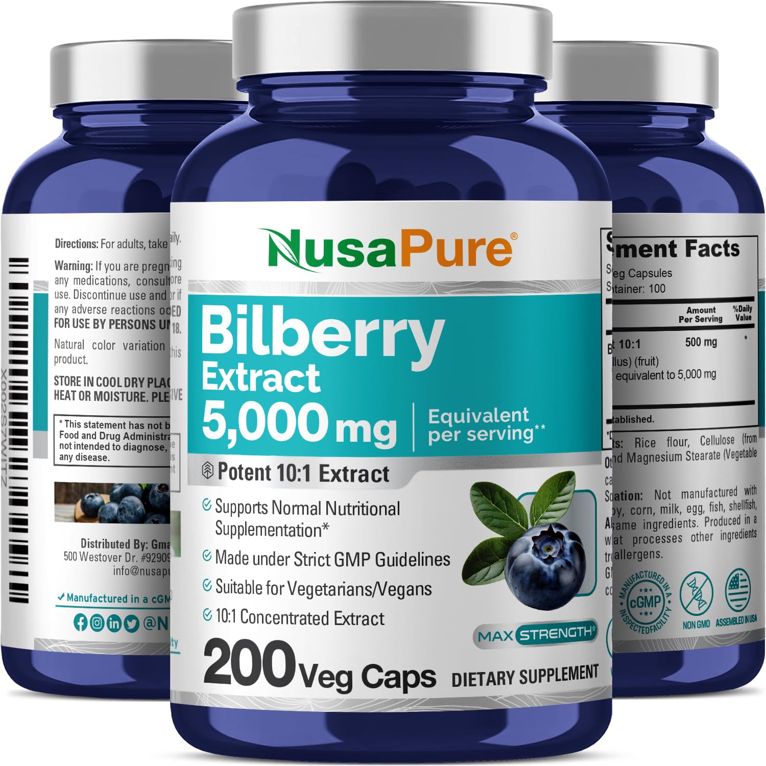 NusaPure Bilberry Extract 5,000mg 200 Vegetarian caps (Non-GMO, Vegan) NusaPure uk supplements