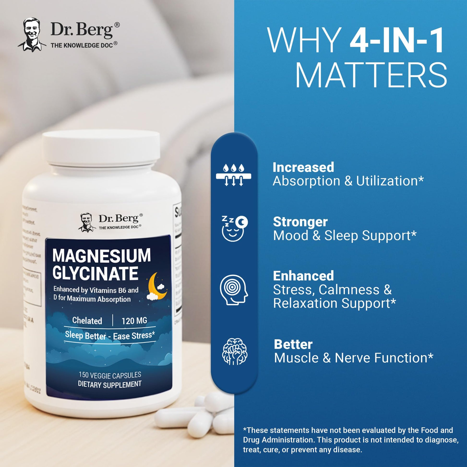 Dr. Berg Magnesium Glycinate 150ct – 4-in-1 Chelated for Muscle, Nerve, Sleep & Stress Support*– w/ D3, B6 & Zinc – 4X Lab-Tested – No Fillers – Formulated in USA, GMP-Certified Dr. Berg Nutritionals uk supplements