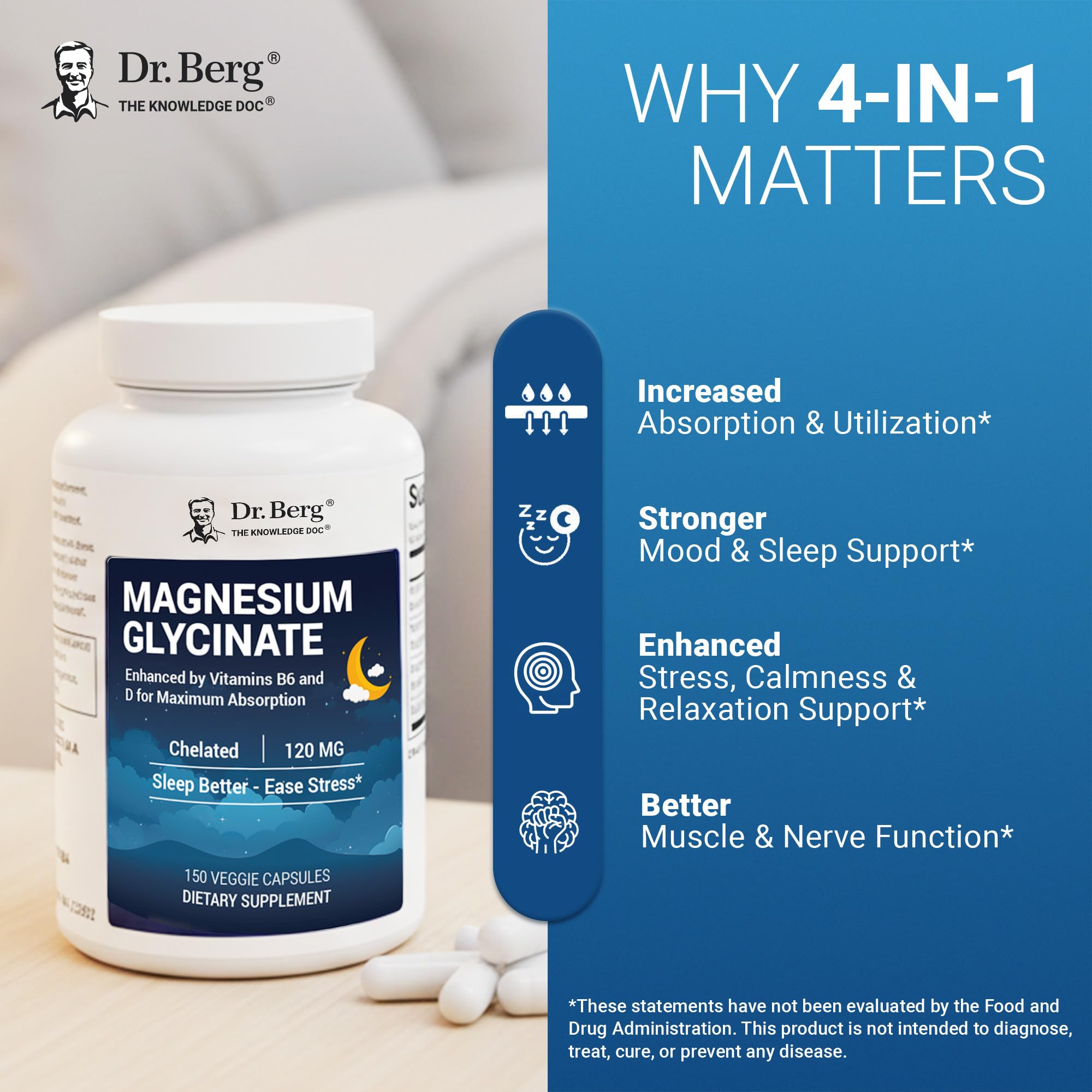 Dr. Berg Magnesium Glycinate 150ct – 4-in-1 Chelated for Muscle, Nerve, Sleep & Stress Support*– w/ D3, B6 & Zinc – 4X Lab-Tested – No Fillers – Formulated in USA, GMP-Certified Dr. Berg Nutritionals uk supplements