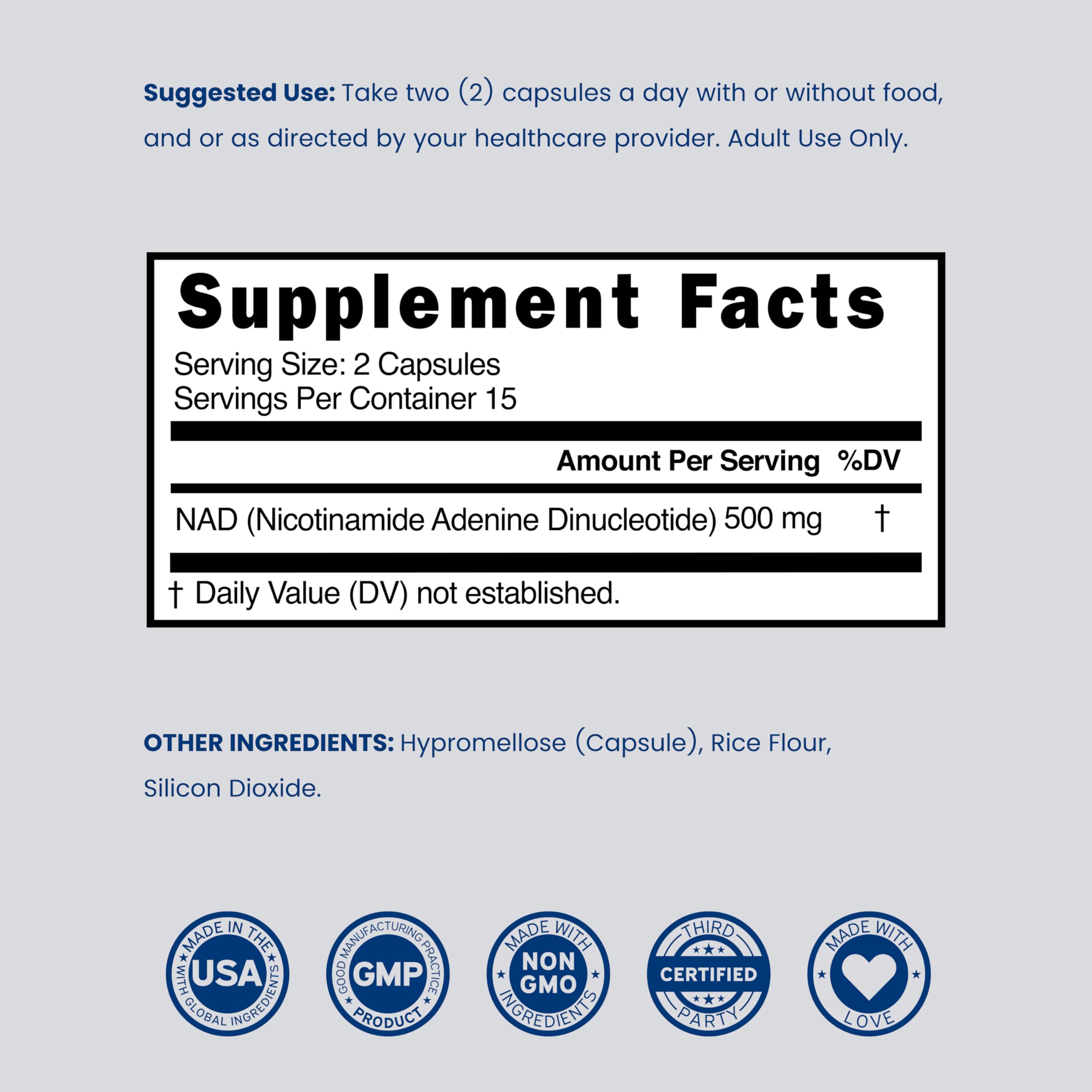 NAD Supplement (500mg of 95% Pure NAD+ Per Serving) NMN Supplement, NAD Nicotinamide Riboside Support (Third Party Tested, Vegan Safe, Non-GMO, No Fillers, & Made in the USA - 30 Vegan Capsules) DORADO NUTRITION uk supplements