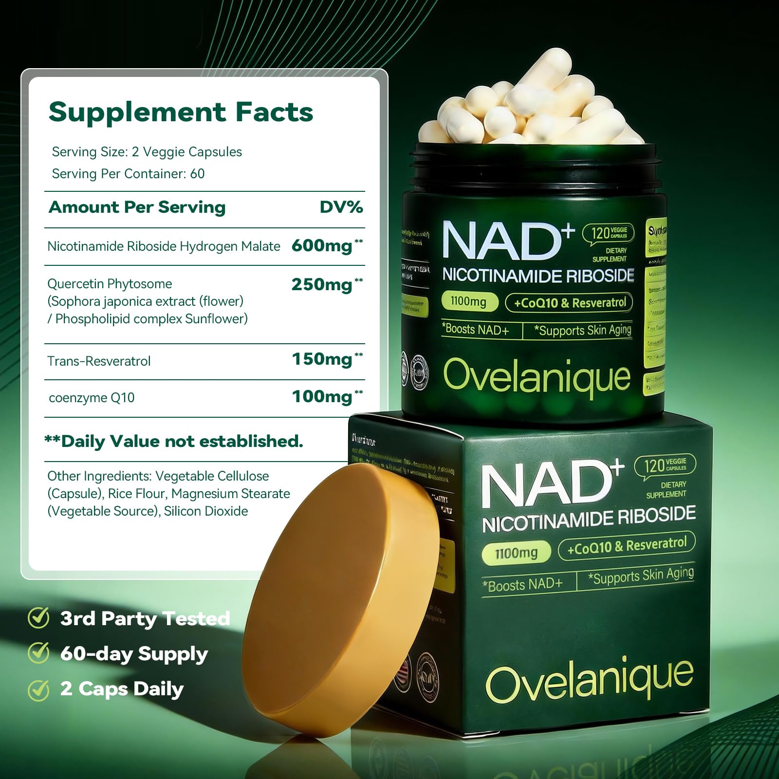 Ovelanique NAD Supplement with Nicotinamide Riboside & Resveratrol |NMNH Supplement Alternative| NAD+ Complex with Quercetin Phytosome & CoQ10 | Liposomal Delivery,120 Capsules(Packaging May Vary) Ovelanique uk supplements