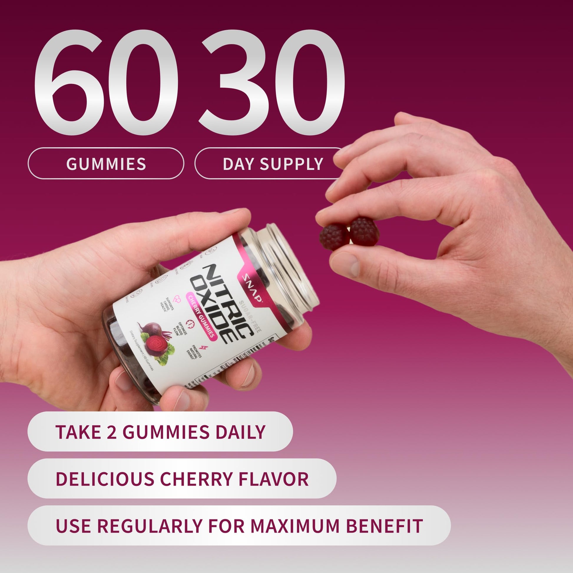 Snap Supplements Nitric Oxide Gummies - Beet Root Extract 300mg, Sugar Free Beetroot Supplement with Pomegranate Powder for Circulation & Natural Energy, 60 Vegan Gummies, Cherry Flavor Snap Supplements uk supplements