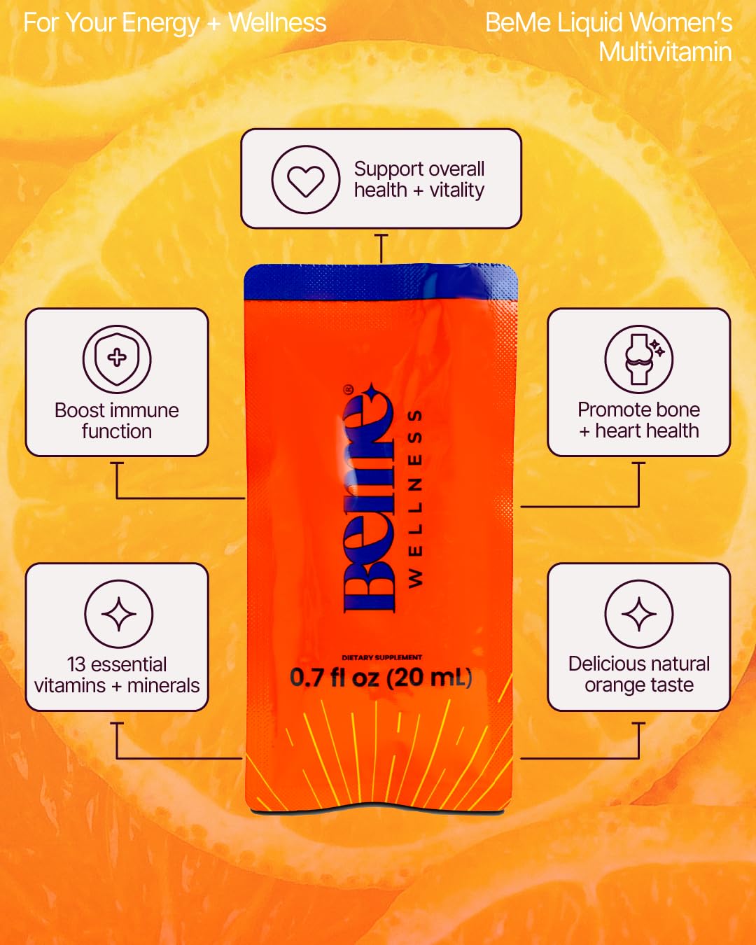 BeMe Liquid Multivitamins for Women - Advanced Liquid Delivery System with 13 Vitamins & Minerals - Tear & Go Sachets, Non-GMO, Orange Flavor (15 Sachets) BeMe uk supplements