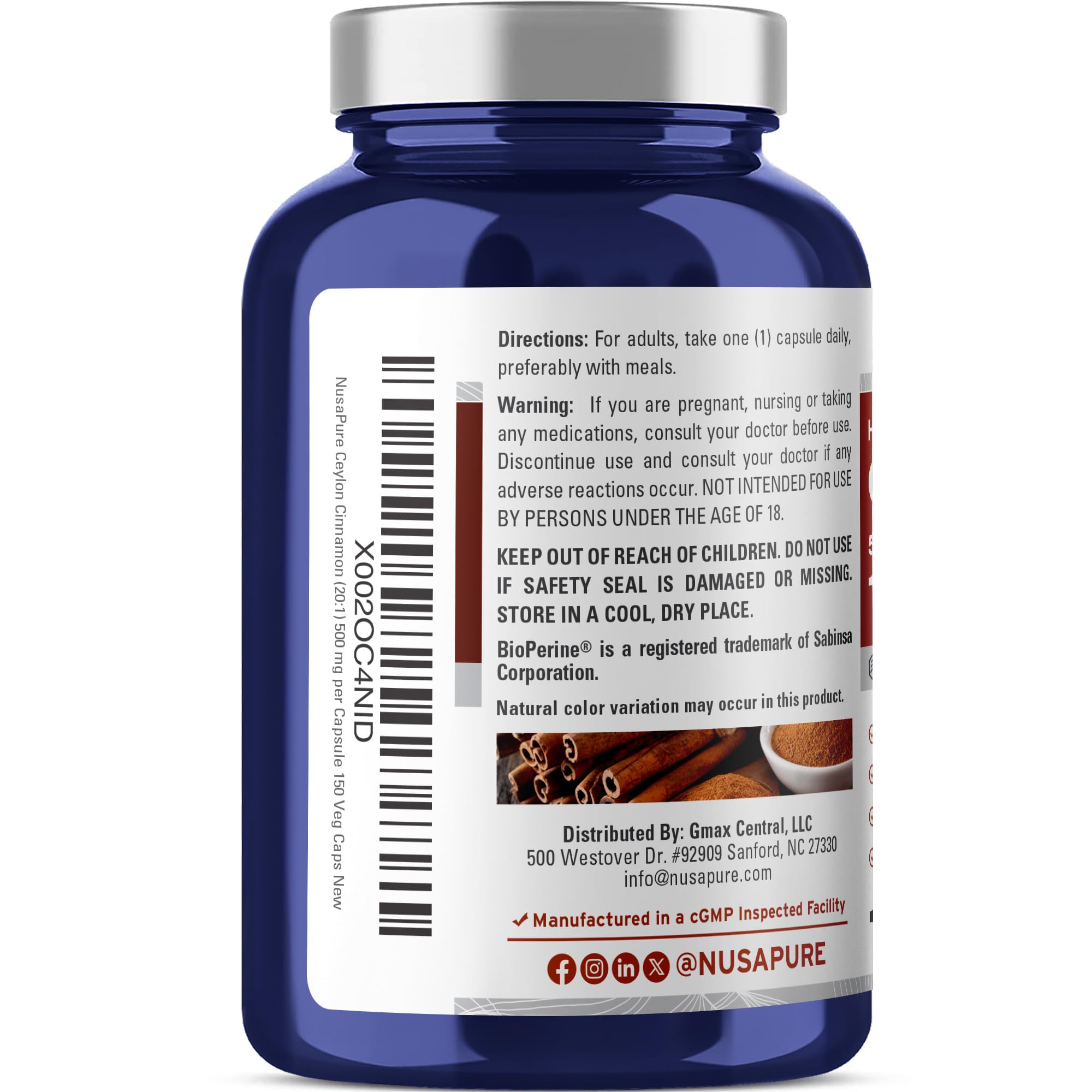 NusaPure Ceylon Cinnamon20:1 Extract, 500 mg Equivalent to 10,000 mg Per Caps | 150 Veggie Capsules | Non-GMO, Vegan with Bioperine NusaPure uk supplements