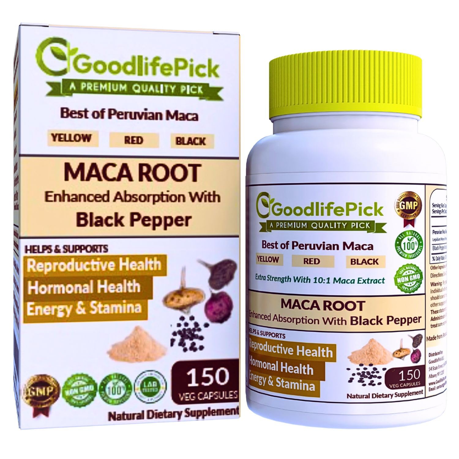 Peruvian Maca Root Capsules 150 ct. Powerful Maca Blend of Yellow Red & Black Maca Root with Black Pepper. All Natural NonGMO Vegan No Stearate No Rice Powder No Silica No Filler GoodlifePick uk supplements