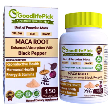 Peruvian Maca Root Capsules 150 ct. Powerful Maca Blend of Yellow Red & Black Maca Root with Black Pepper. All Natural NonGMO Vegan No Stearate No Rice Powder No Silica No Filler GoodlifePick uk supplements