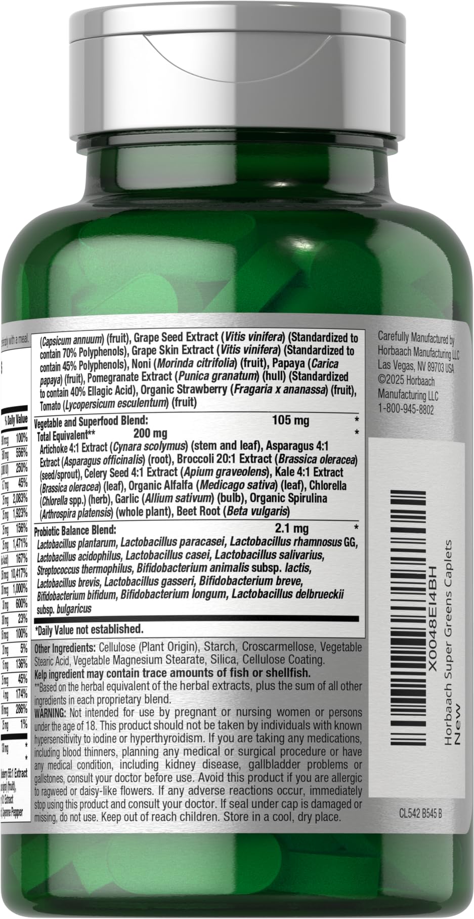 Horbäach Super Greens Supplement with Probiotics | 150 Caplets | Non-GMO, and Gluten Free Horbäach uk supplements