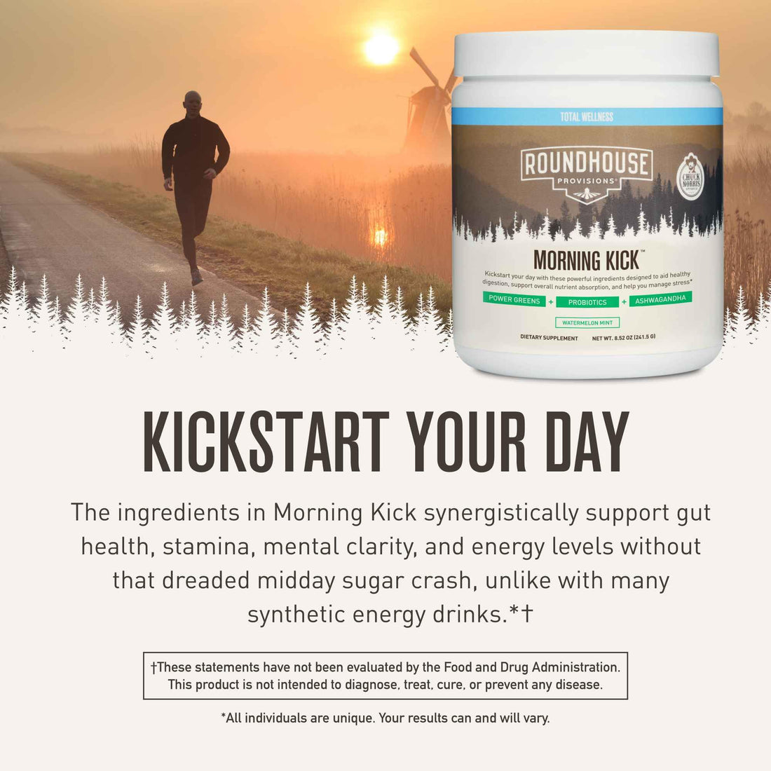 ROUNDHOUSE PROVISION Morning Kick by Chuck Norris - Watermelon Mint Flavor - Greens Superfood Powder with Probiotics, Collagen Peptides & Ashwagandha to Help Support Gut & Joint Health, 3 Pack ROUNDHOUSE PROVISION uk supplements