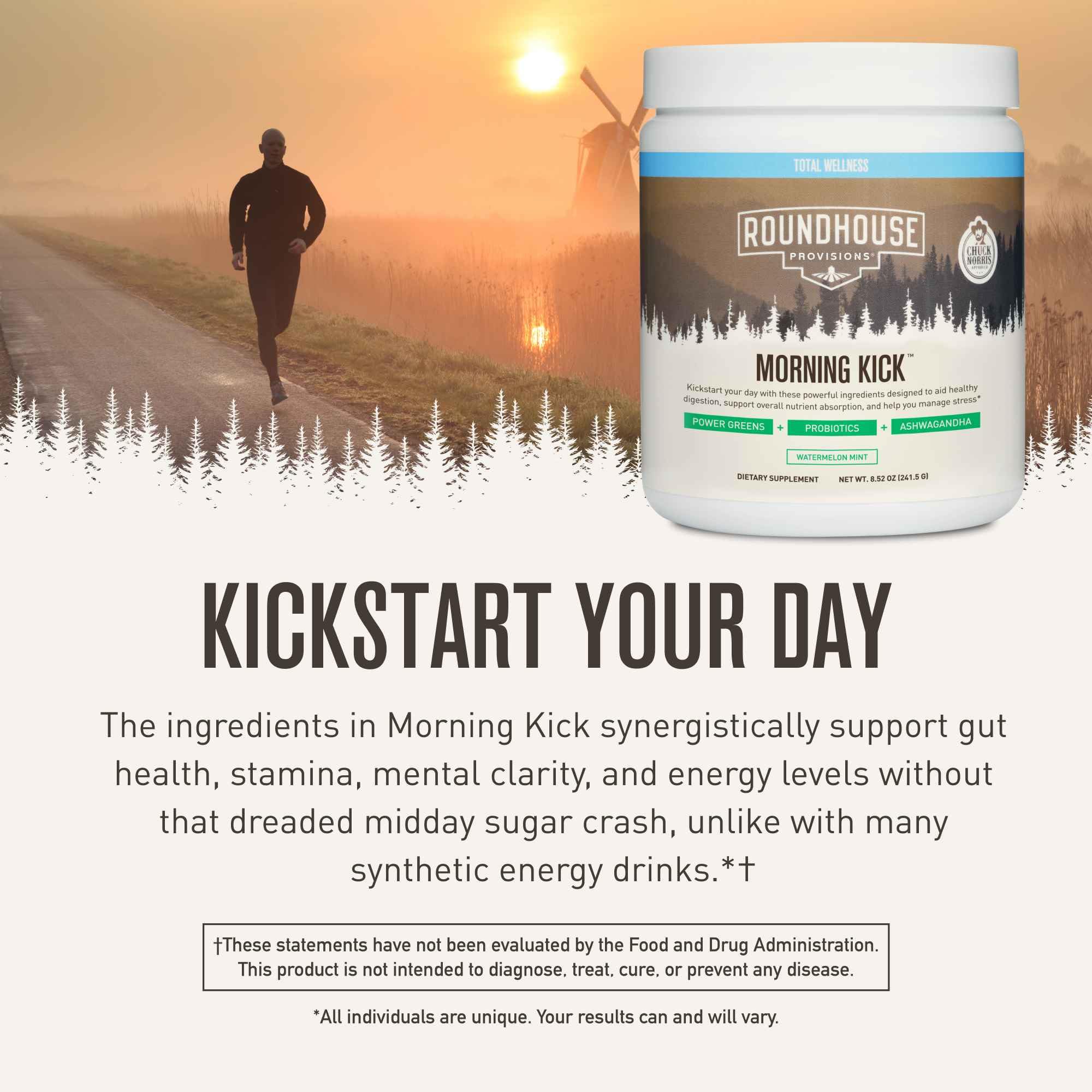 ROUNDHOUSE PROVISION Morning Kick by Chuck Norris - Watermelon Mint Flavor - Greens Superfood Powder with Probiotics, Collagen Peptides & Ashwagandha to Help Support Gut & Joint Health, 3 Pack ROUNDHOUSE PROVISION uk supplements
