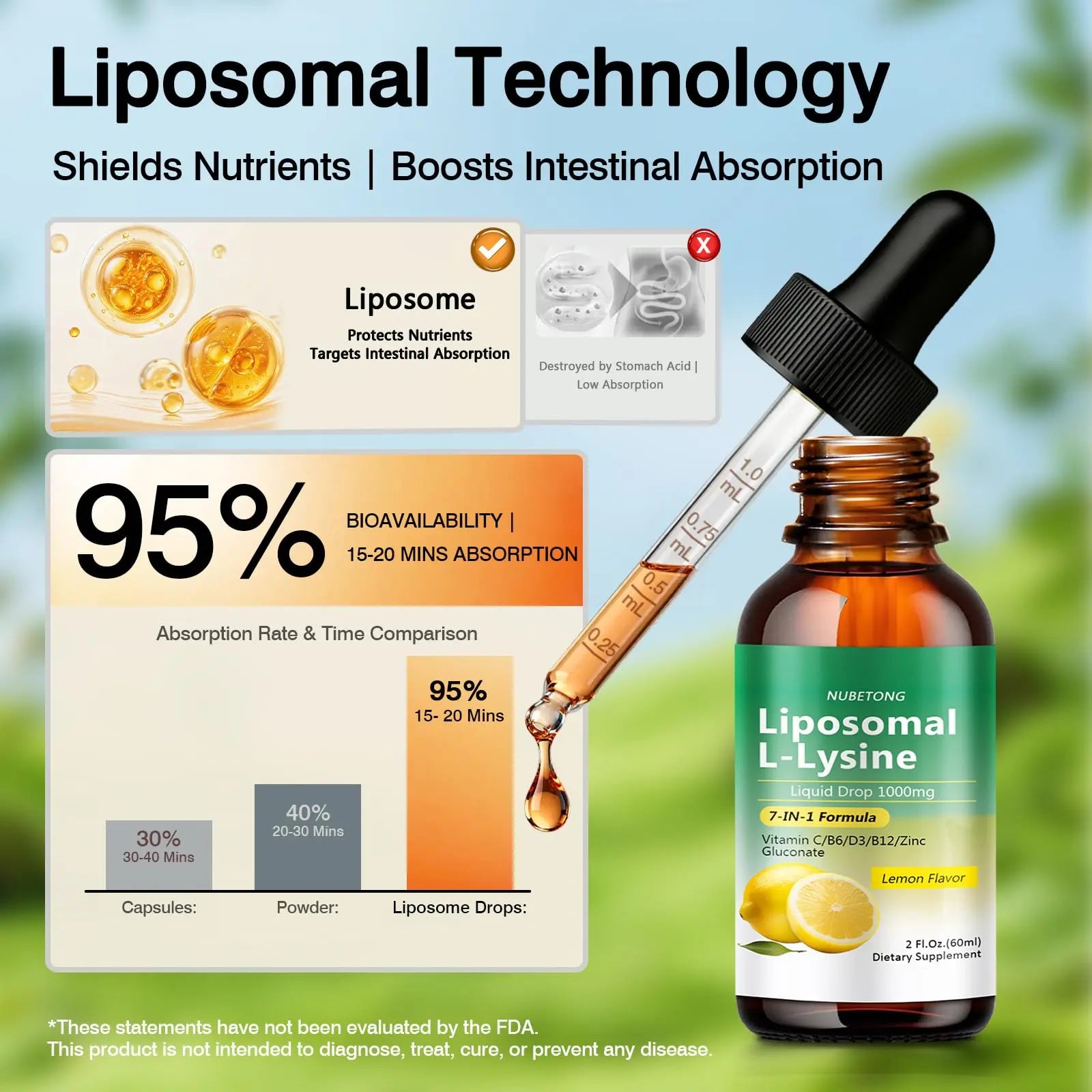 Liposomal L-Lysine 1000mg Liquid Drops, 7-in-1 Lysine Supplement for Adults with Vitamin C/B6/D3/B12 & Zinc Gluconate, Immune Support, Collagen Synthesis & Skin Lip Health, Lemon Flavor, 2 Fl Oz Nubetong uk supplements
