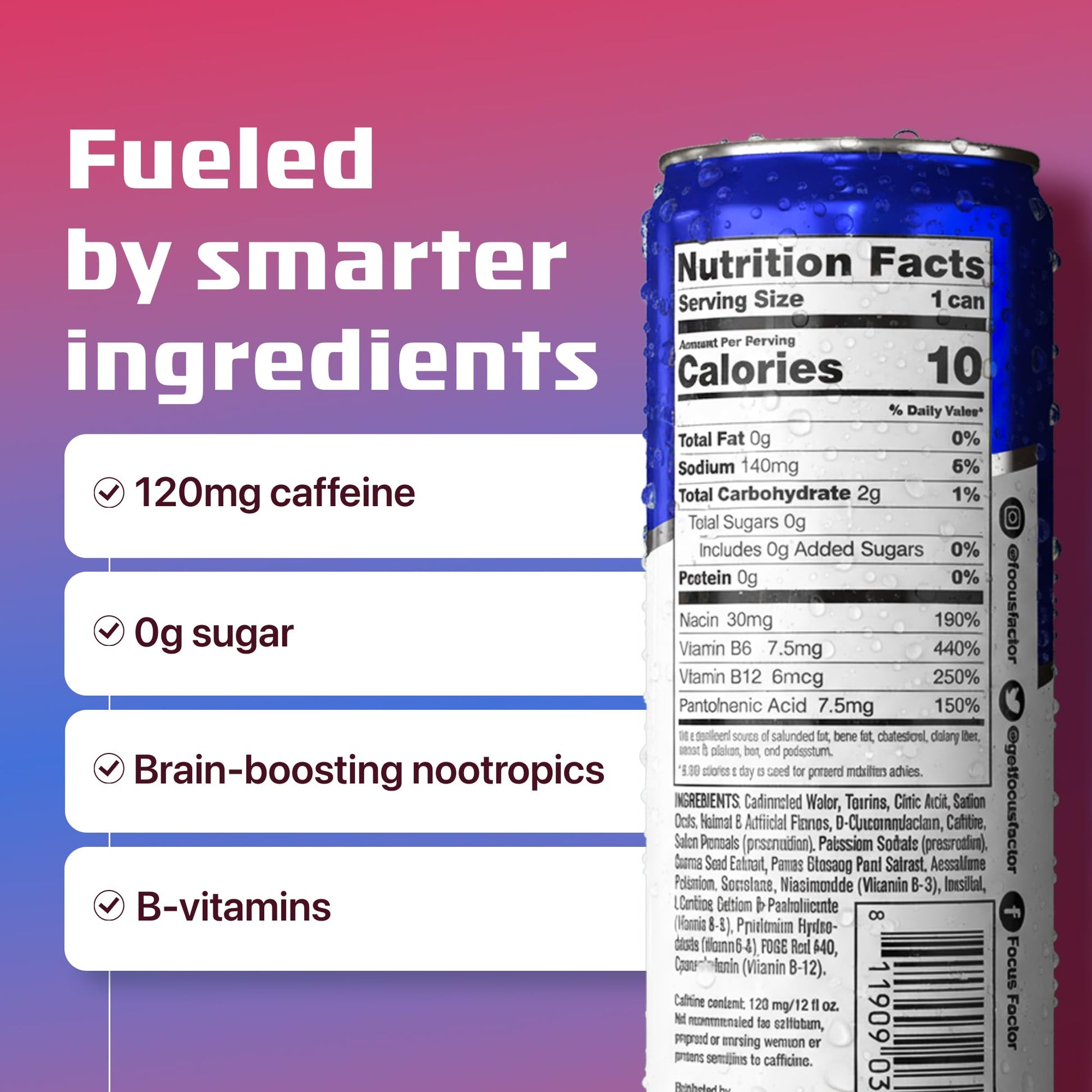 Focus Factor Energy Drink - 12 x 355ml Cans (Berry Flavour) - with Focus + Energy - Lightly Carbonated, Sugar Free, Low Calorie with Vitamin B6 & Vitamin B12 Focus Factor uk supplements