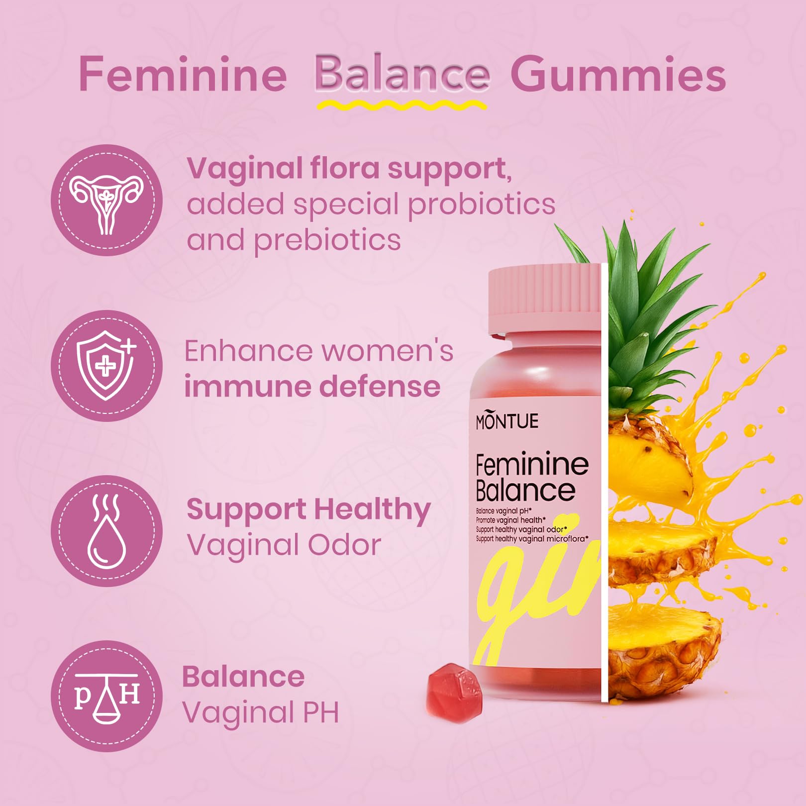 Montue Premium Diamond Feminine Balance Gummies-pH Balance with Prebiotics & Lactobacillus Probiotic Blend&Hawaiian Pineapple Immune Support,Vegan& Non-GMO（30 Gummies） Montue uk supplements