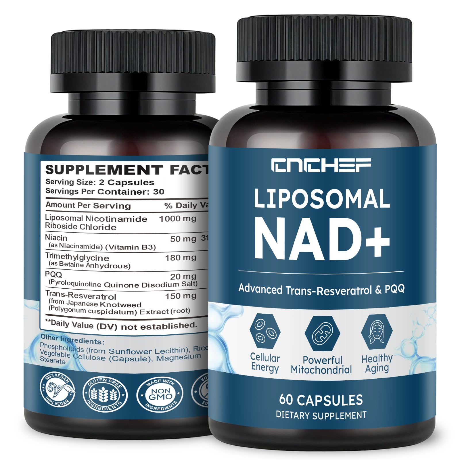 CNCHEF Liposomal NAD Supplement -1000mg, NAD Resveratrol Supplement for Women & Men with Nicotinamide Riboside, Resveratrol, PQQ & TMG, NAD Plus Boosts NAD+ Levels, Anti-Aging & Brain, 60 Capsules CNCHEF uk supplements