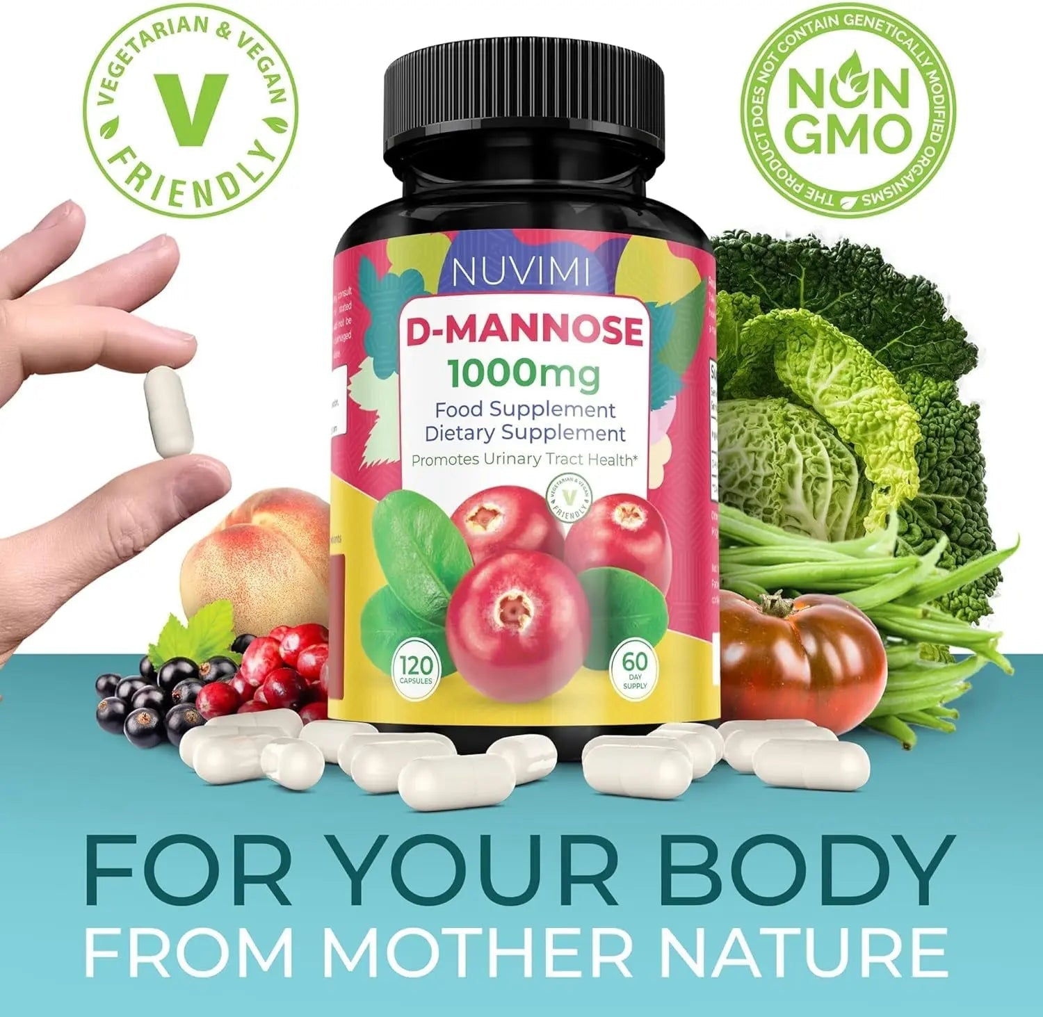 NUVIMI D Mannose 120 Capsules - 1000 mg per Dose - Dietary Supplement Helps Promote Urinary Tract Health - Natural Vegan UTI Defense NUVIMI uk supplements