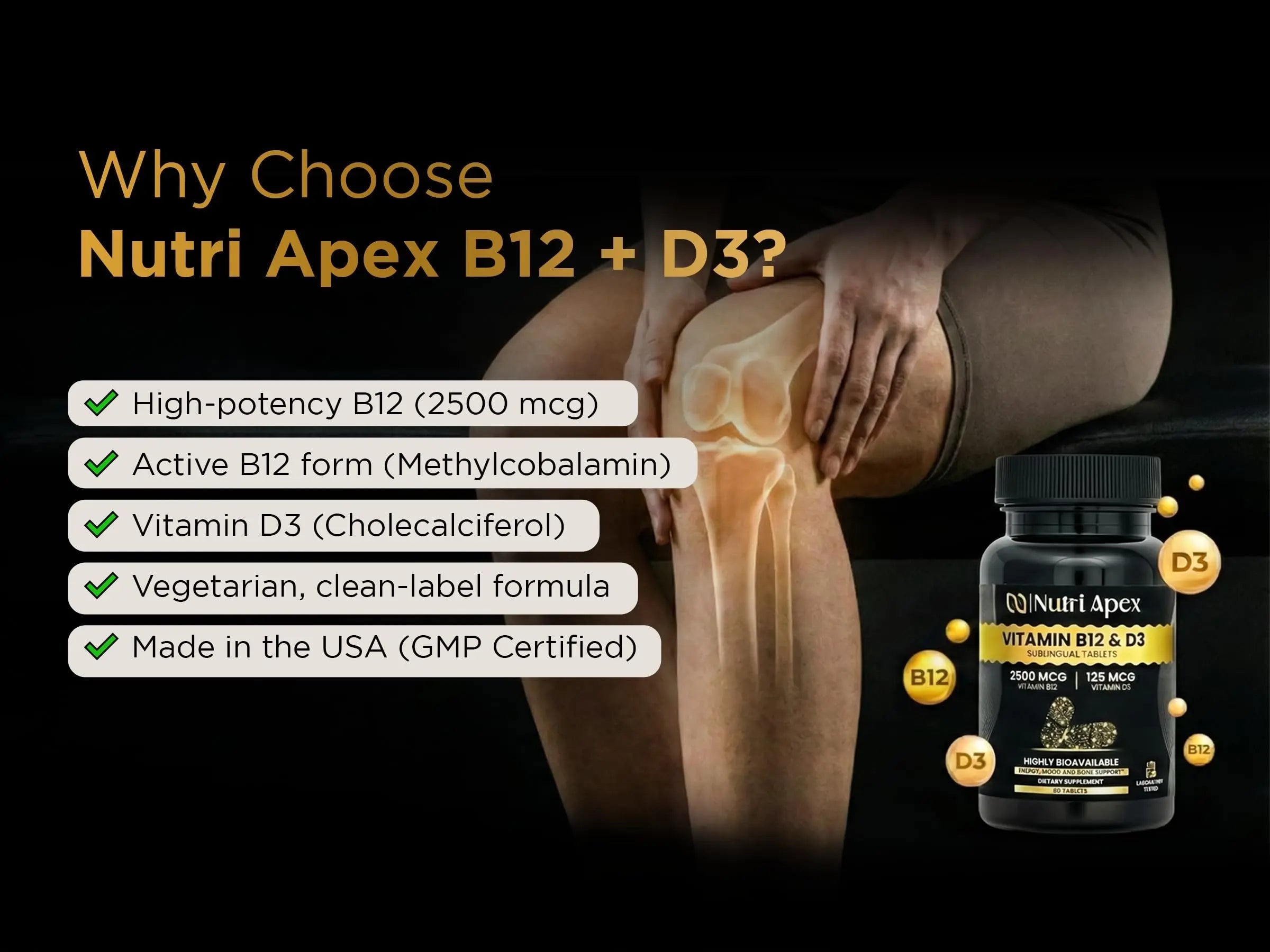 Nutri Apex Vitamin B12 & D3 Sublingual Tablets - 2500 mcg B12 & 125 mcg (5000 IU) D3 - Highly Bioavailable for Energy, Mood & Bone Health - Lab-Tested Nutri Apex uk supplements