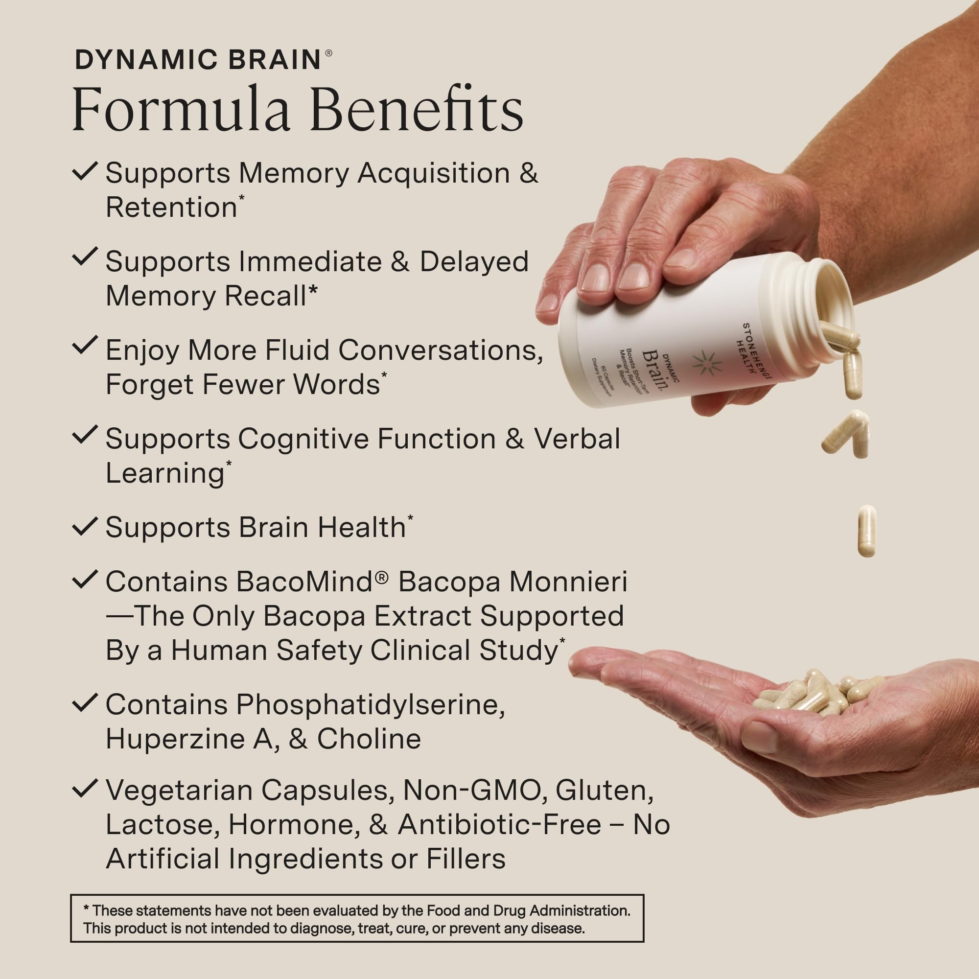 Stonehenge Health Dynamic Brain – BacoMind® Bacopa Nootropic Formula – Memory, Recall & Retention, Phosphatidylserine, Huperzine A, DHA & Choline – 40 Brain-Boosting Ingredients – Non-GMO, 60 Caps Stonehenge Health uk supplements