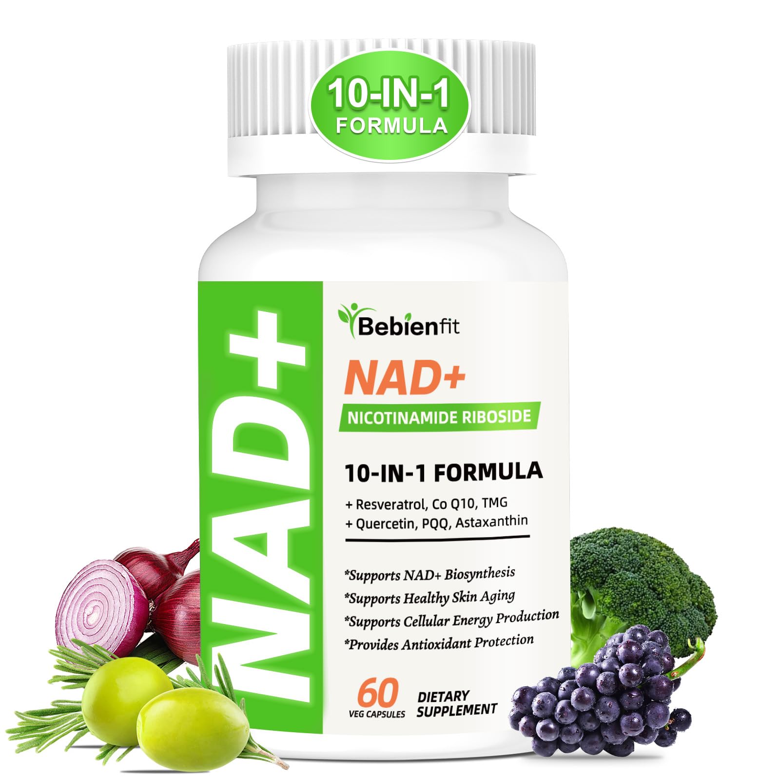 Nad Supplement for Healthy Aging | Energy| Antioxidant| Skin Health| Focus ,10-in-1 Formula with NR,Trans-Resveratrol,CoQ10,Astaxanthin,PQQ,TMG,Quercetin,Olive Fruit Nad+ for Women Men,60 Vegan Caps Bebien fit uk supplements