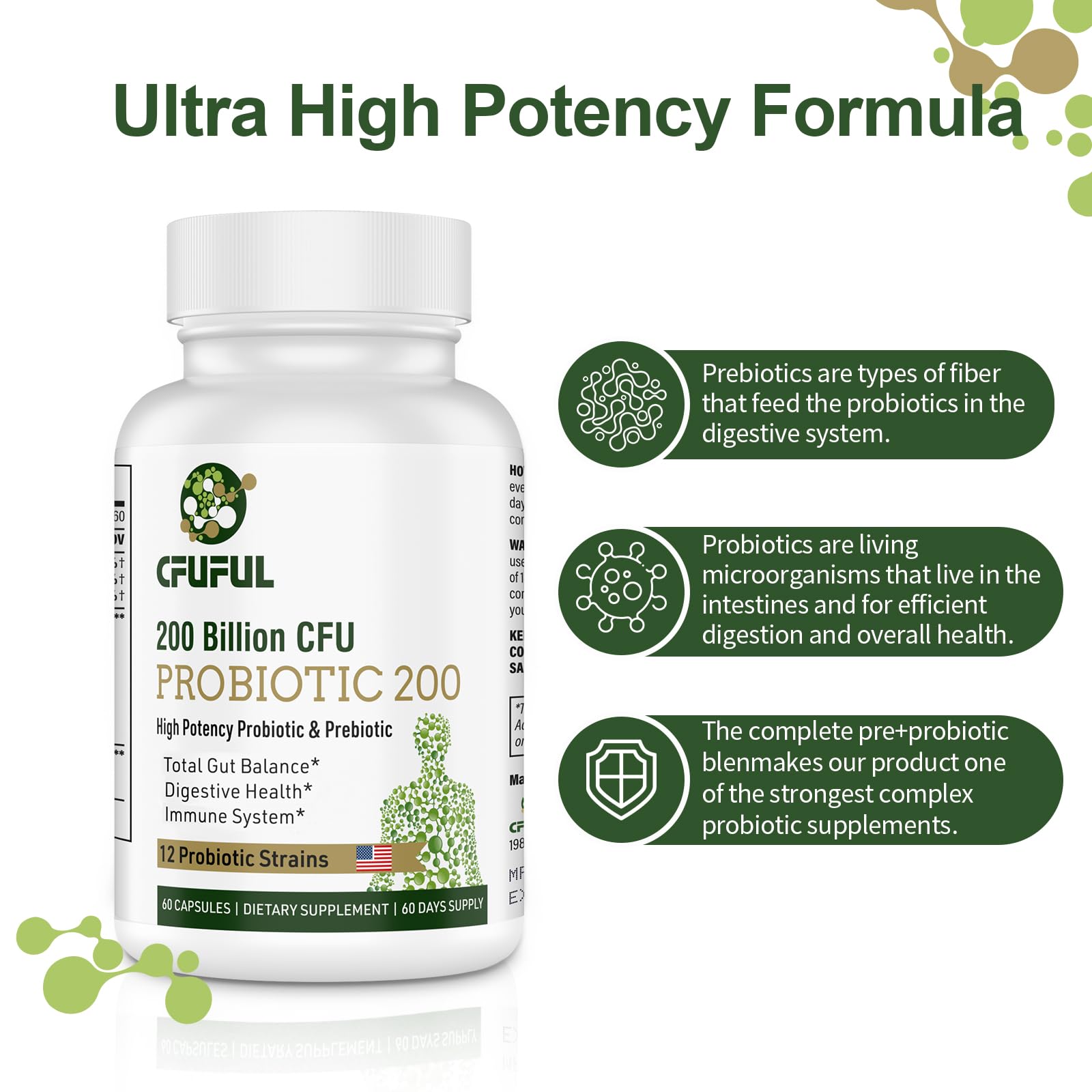 Probiotics for Women & Men, 200 Billion CFU 12 Strains with 3 Organic Prebiotics and Probiotics for Digestive Health Gut, Immune, Bloating & Gas, Energy, Overall Health, Shelf Stable - 2 Month Supply Cfuful uk supplements
