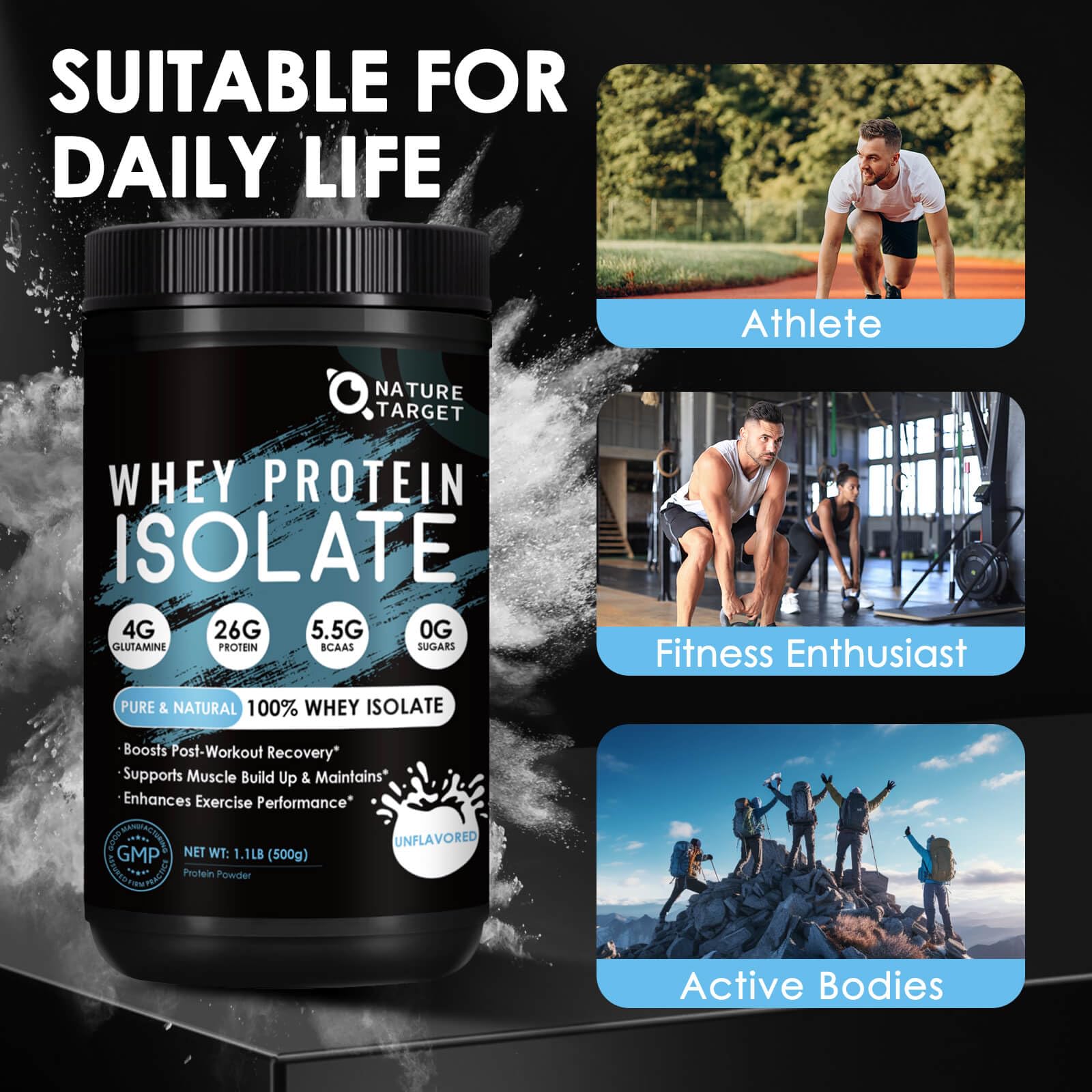 NATURE TARGET Unflavored Whey Protein Isolate - 26g Protein, 0g Sugar, Keto Friendly - No rBGH, Grass Fed - Perfect for Coffee, Baking & Smoothies - 1.10 LB (16 Servings) NATURE TARGET uk supplements