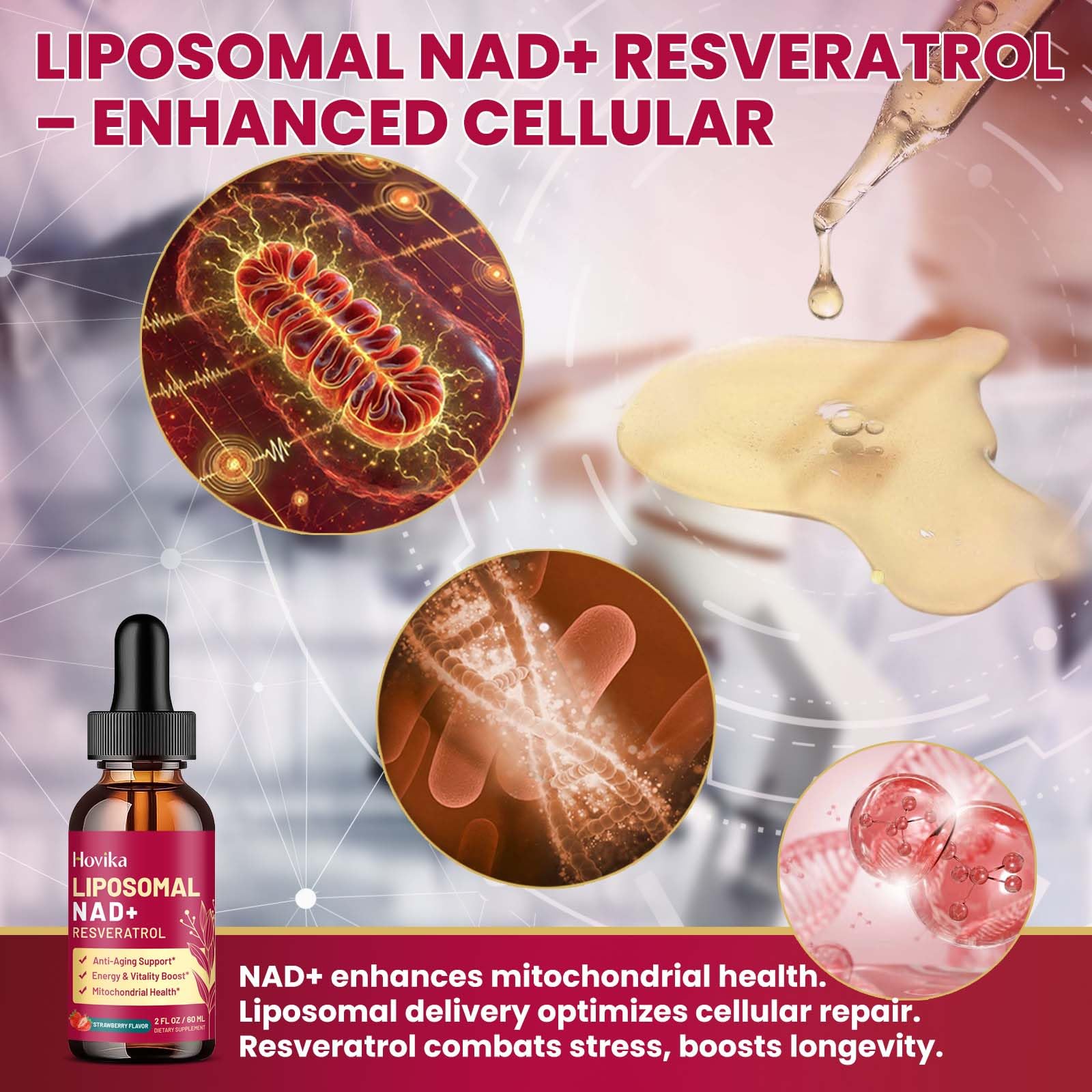 Liposomal NAD Supplement - 1200mg NAD+ Liquid Drops for Women & Men with Resveratrol, Black Pepper Extract - Support Anti-Aging, Brain & Cellular Mitochondrial Health - 2 Fl Oz, Strawberry Flavor Hovika uk supplements