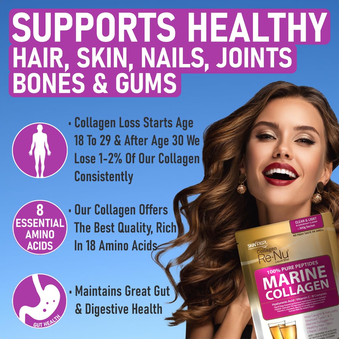Premium Hydrolysed Marine Collagen Peptide Powder + VIT C, B Complex Hyaluronic Acid, & Stevia. Delicious Taste/No Fishy Smell - SkinPep® Collagen Re-Nu 300g - 30 Days Supply SkinPep uk supplements