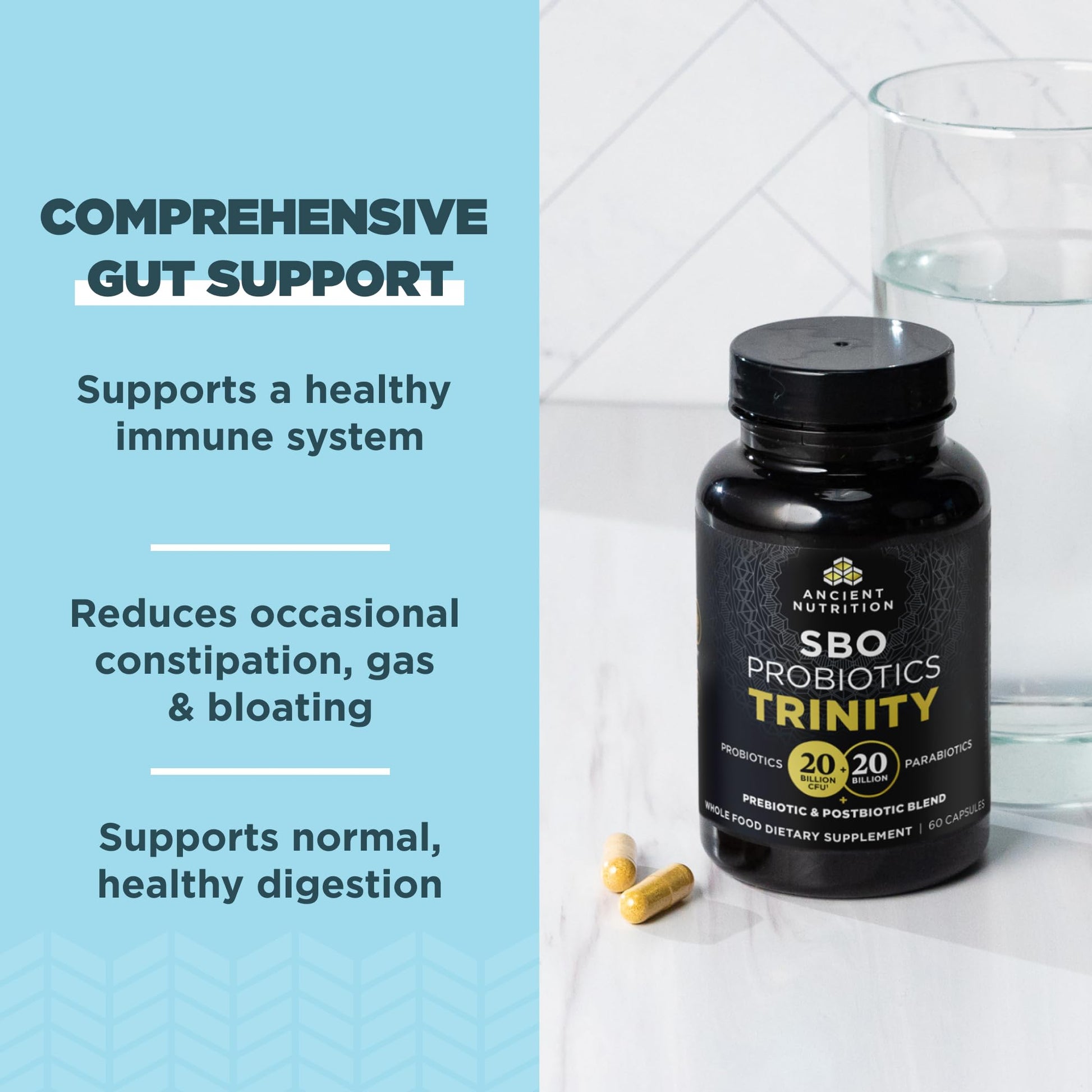 Ancient Nutrition SBO Probiotic Trinity Daily Care, Probiotics for Digestive Health, 40 Billion Blend of Prebiotics, Probiotics, Postbiotics, and Parabiotics Reduces Occasional Bloating, 60 Count Ancient Nutrition uk supplements