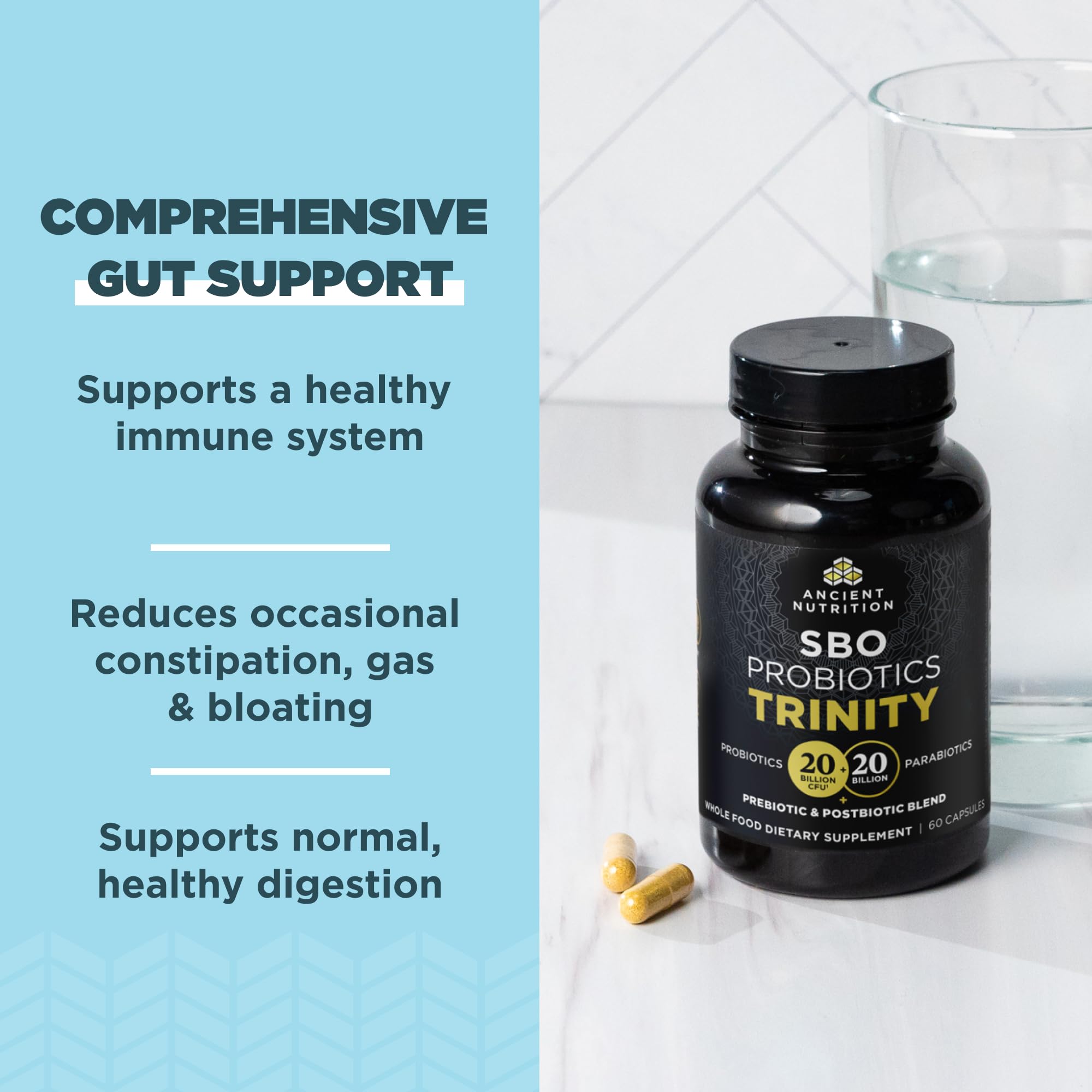 Ancient Nutrition SBO Probiotic Trinity Daily Care, Probiotics for Digestive Health, 40 Billion Blend of Prebiotics, Probiotics, Postbiotics, and Parabiotics Reduces Occasional Bloating, 60 Count Ancient Nutrition uk supplements