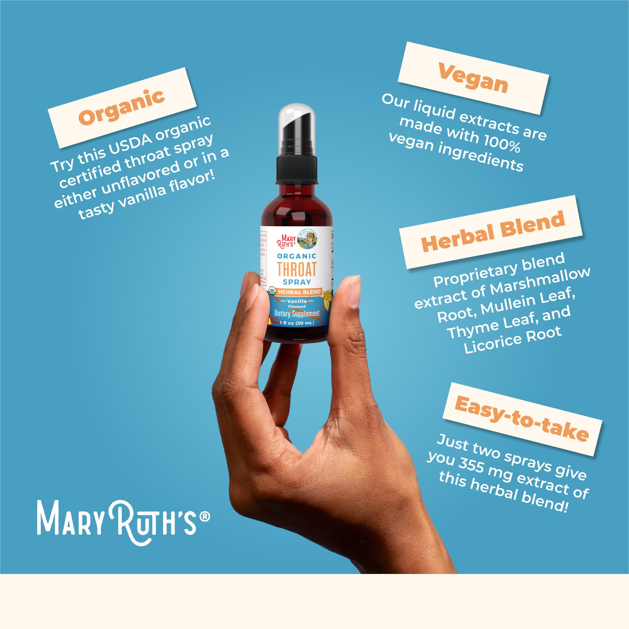 MaryRuth Organics USDA Organic Throat Spray with Mullein Leaf | Marshmallow Root & Licorice Root & Thyme Leaf | Vanilla | 4 Herbal Blend | Non-GMO | Vegan | Gluten Free | 1 Fl Oz | Up to 100 Servings MARYRUTH'S uk supplements