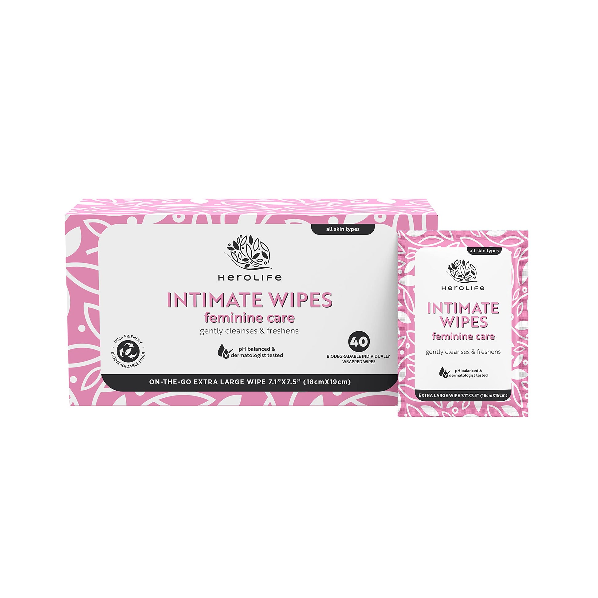 HEROLIFE Personal Wipes for Feminine Care, Single Use To Go, Plant-Based, 1 pack of 40 Single Herolife uk supplements