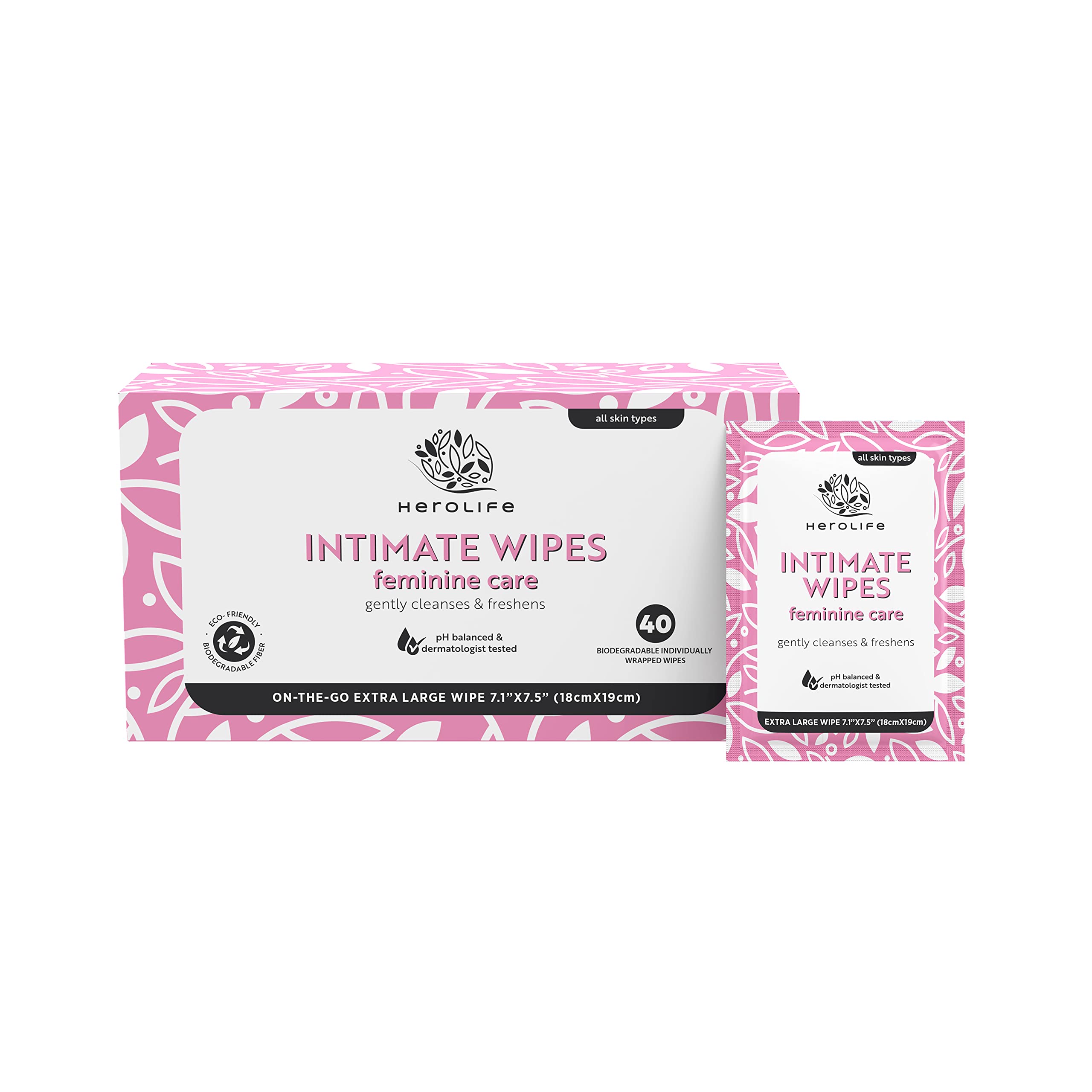 HEROLIFE Personal Wipes for Feminine Care, Single Use To Go, Plant-Based, 1 pack of 40 Single Herolife uk supplements