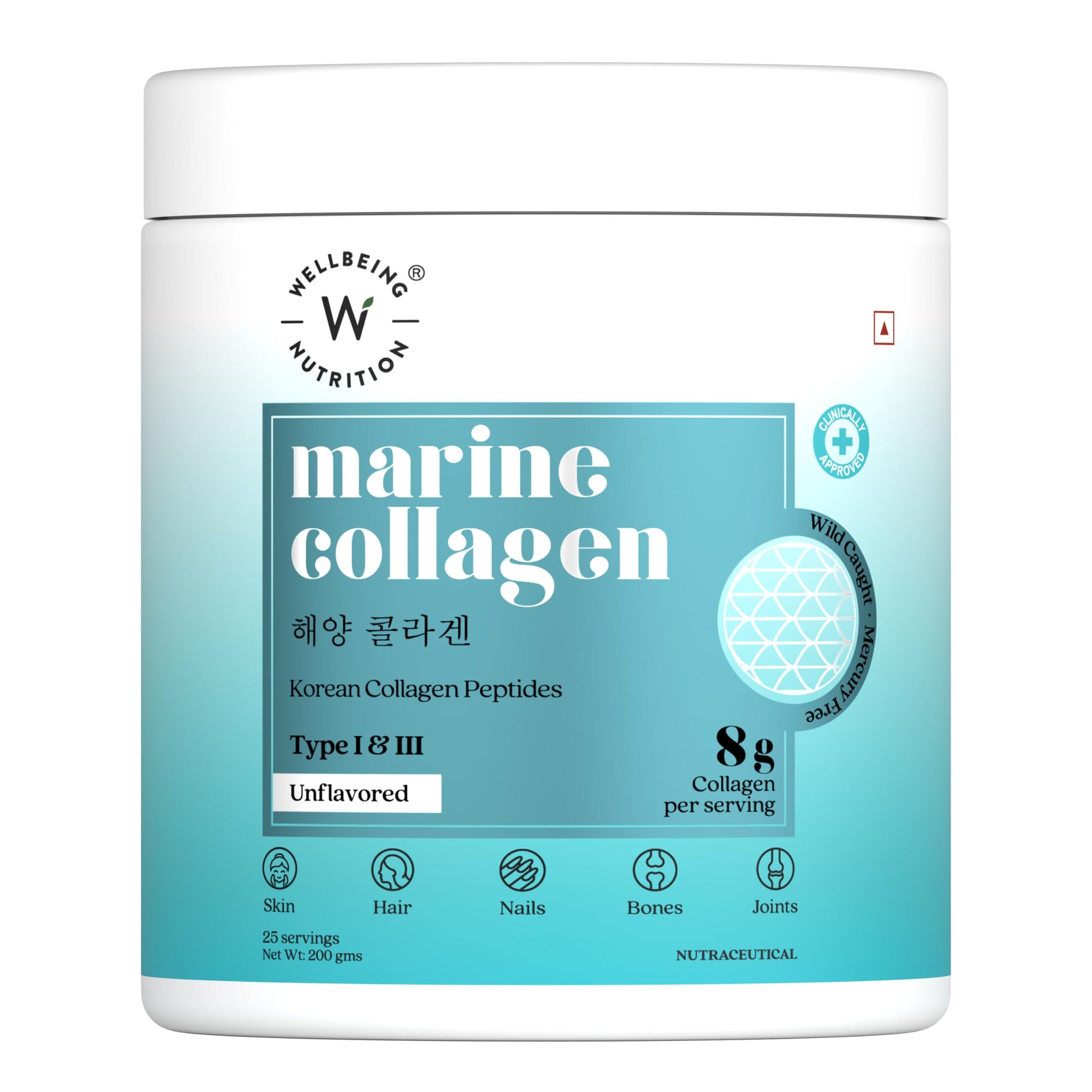 WELLBEING NUTRITION Pure Korean Marine Collagen Supplements for Women & Men, 200g | Hydrolyzed Collagen Powder and Amino Acids | Supports Healthy Skin, Hair, Nails, Bone & Joint | Unflavored WELLBEING NUTRITION uk supplements