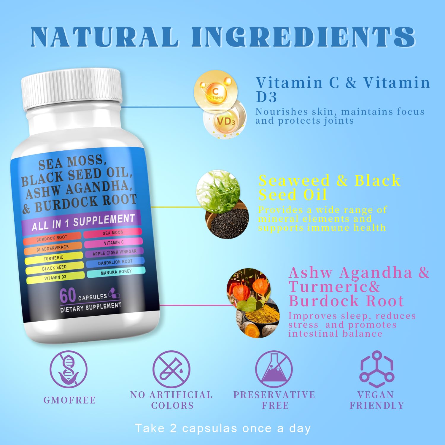 Pyzor Sea Moss Black Seed Oil Ashwagandha Turmeric Bladderwrack Burdock, Elderberry Manuka Dandelion, Burdock Root Turmeric Vitamin D3 Chlorophyll - 60 Capsules Pyzor uk supplements