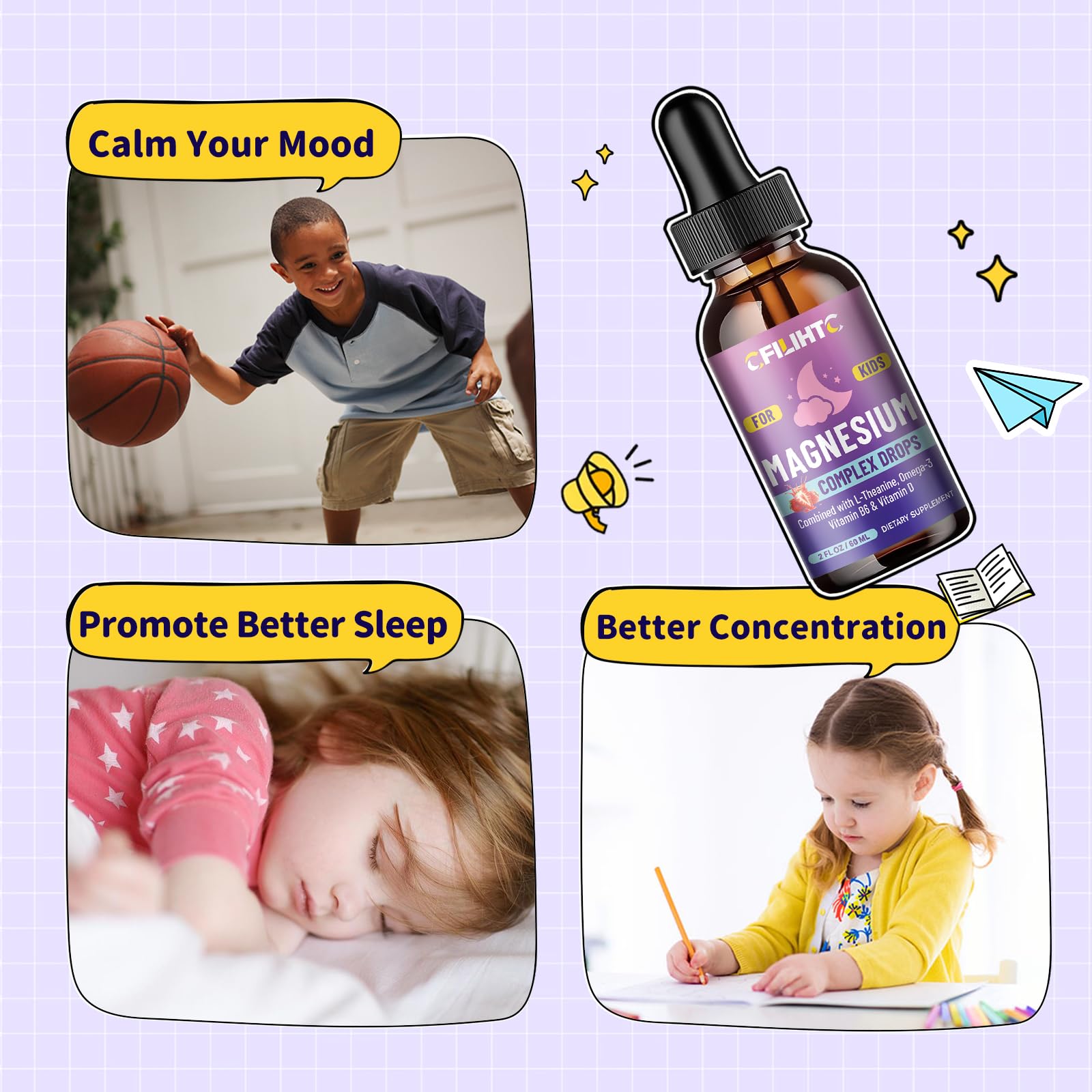 Kids Magnesium Liquid Drops-Magnesium Glycinate Liquid for Kids Supplement-w/L-theanine, Omega-3, Vitamin B6, D3 - for Sleep, Relaxation, Brain, Bones - 4 Fl Oz Children's Calm CFILIHTC uk supplements