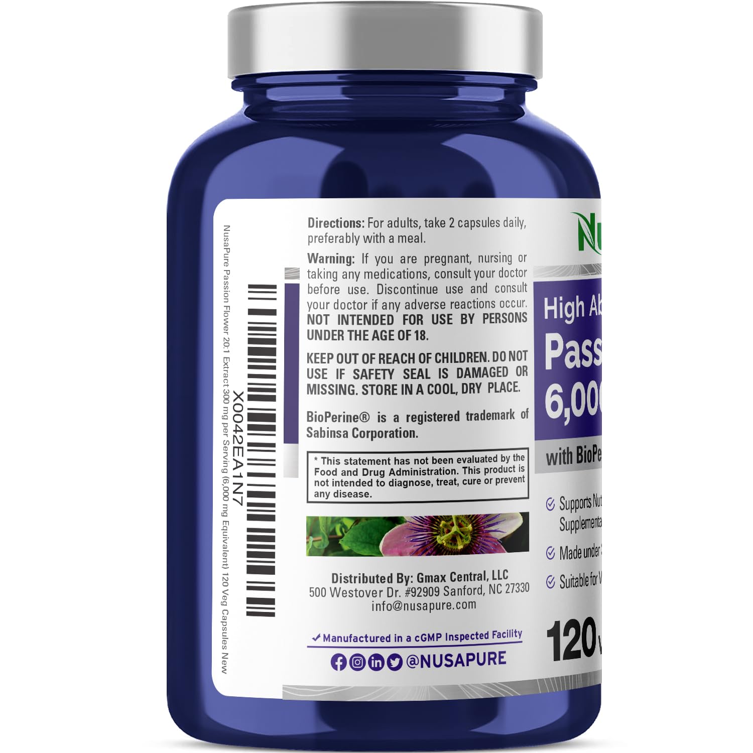 NusaPure Passion Flower 20:1 Extract, 300 mg Equivalent to 6,000mg, 120 Veggie Caps, Non-GMO, Bioperine, & Vegan Extract Supplement NusaPure uk supplements