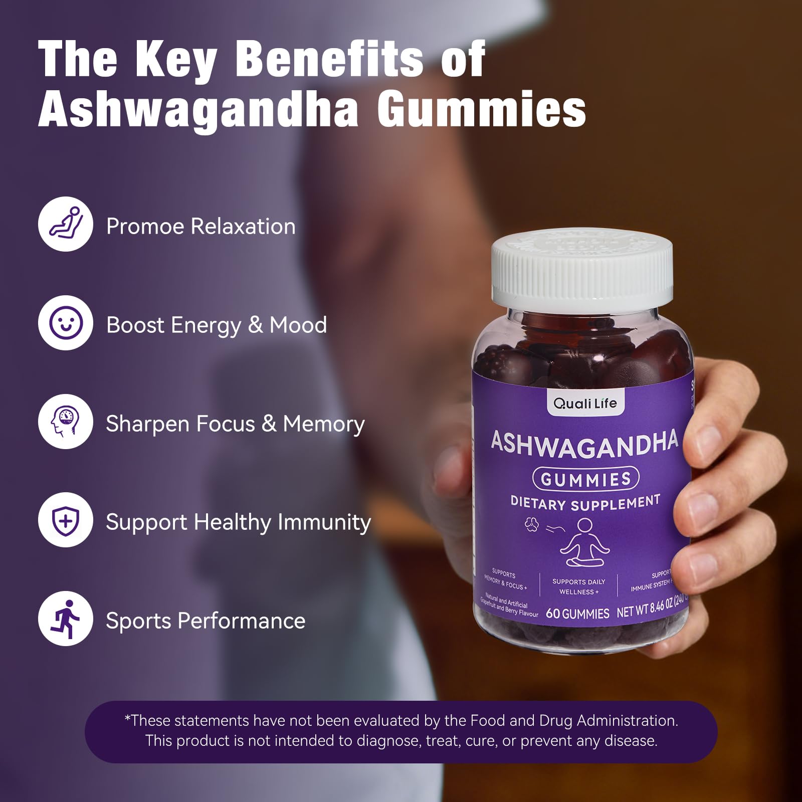 QualiLife Ashwagandha Gummies for Relax & Cortisol Support – High Strength Root Extract with Cranberry & Chaste Tree, Grapefruit & Berry Flavour – Vegan, Non-GMO, Gluten-Free – 60 Gummies (30 Days) QualiLife uk supplements