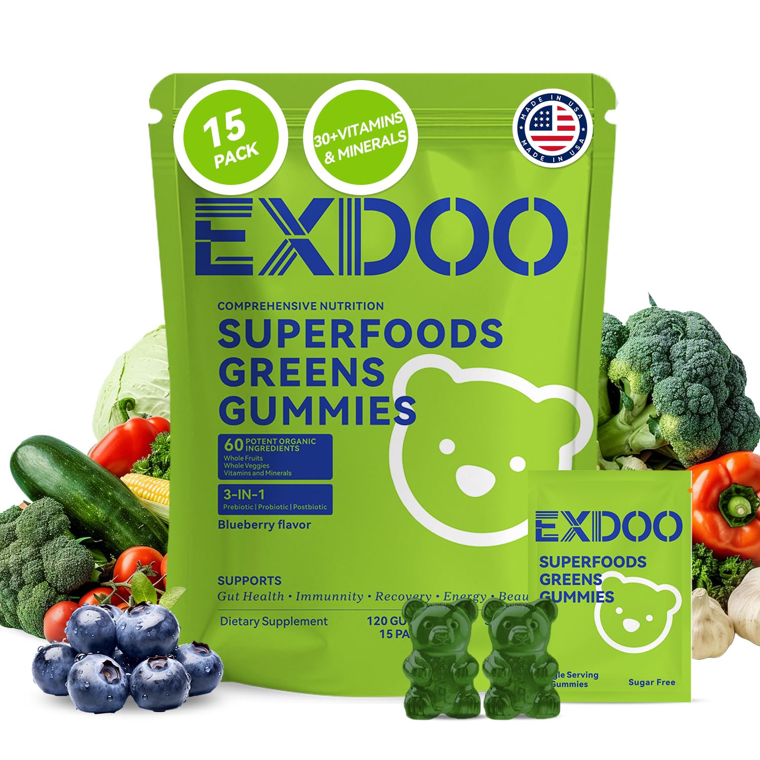 exdoo Super Greens Fiber Gummies Multivitamin Superfood Gummy with Spirulina Chlorella Prebiotic Probiotic Postbiotic for Digestive Health Supplement 15 Packs 120 Gummies exdoo uk supplements