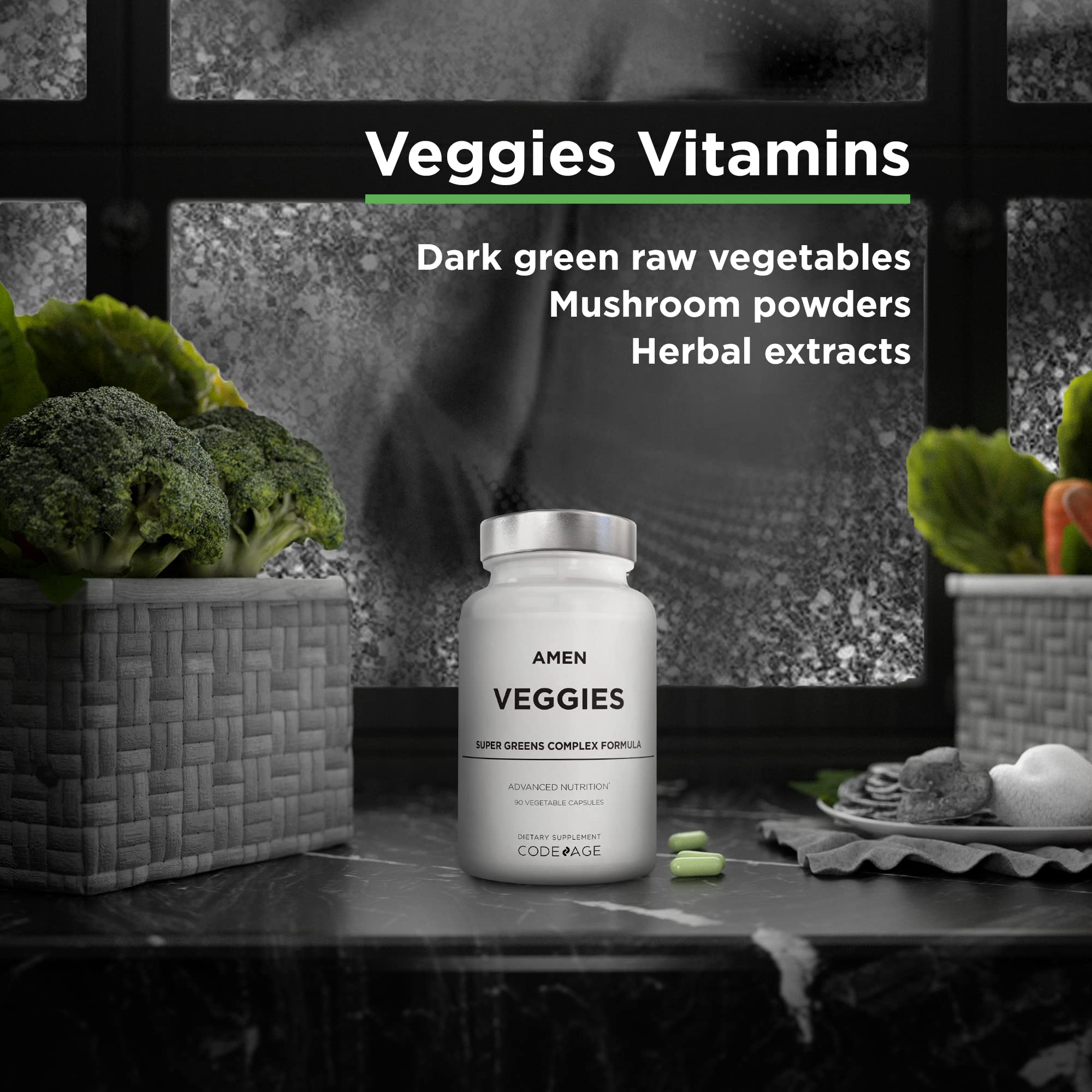 Amen Veggies, Daily Veggies Vitamins Supplement, Vegetables Vegan Blend & Whole-Food Raw Greens Multivitamin Capsules, Mushroom Complex, Superfood, Minerals, Green Vegetable Nutrients, Non-GMO, 90 ct Amen uk supplements