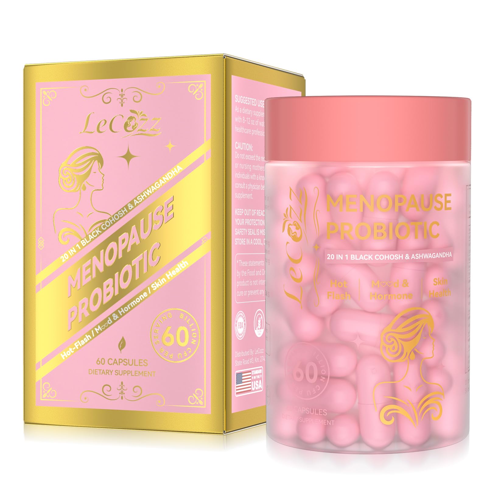 LeCozz Menopause Supplement for Women : Hormone-Free Probiotic with Black Cohosh & Ashwagandha Support for Hot Flashes Mood Balance & Skin Health 60 Capsules LeCozz uk supplements