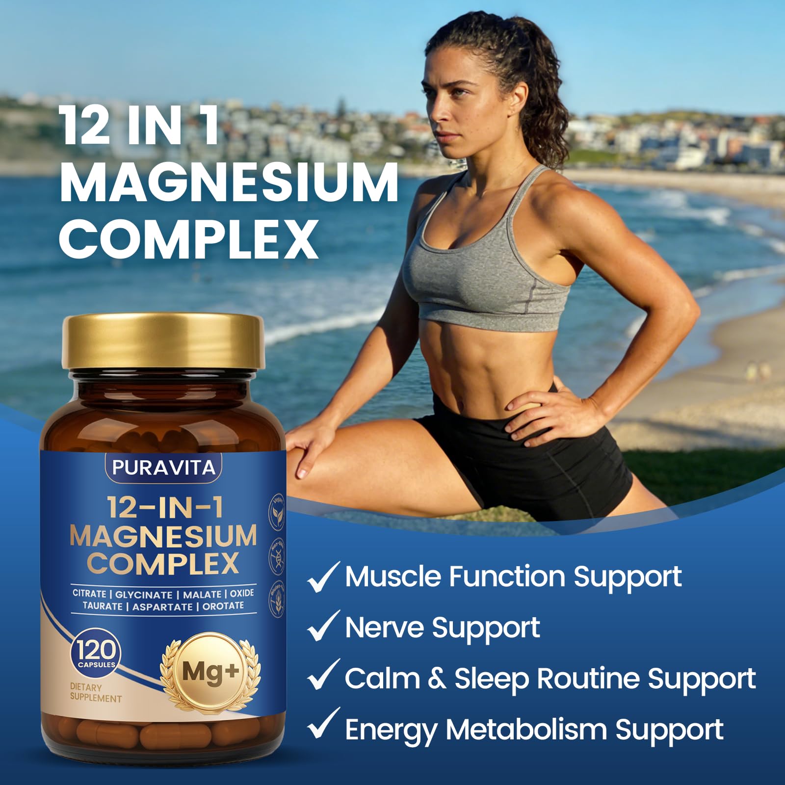 Puravita Magnesium Complex - Puravita 12 in 1 Magnesium Supplement with Glycinate, Citrate, Malate, Oxide, Taurat & More for Muscle, Nerve & Sleep Support, 120 Count PURAVITA uk supplements