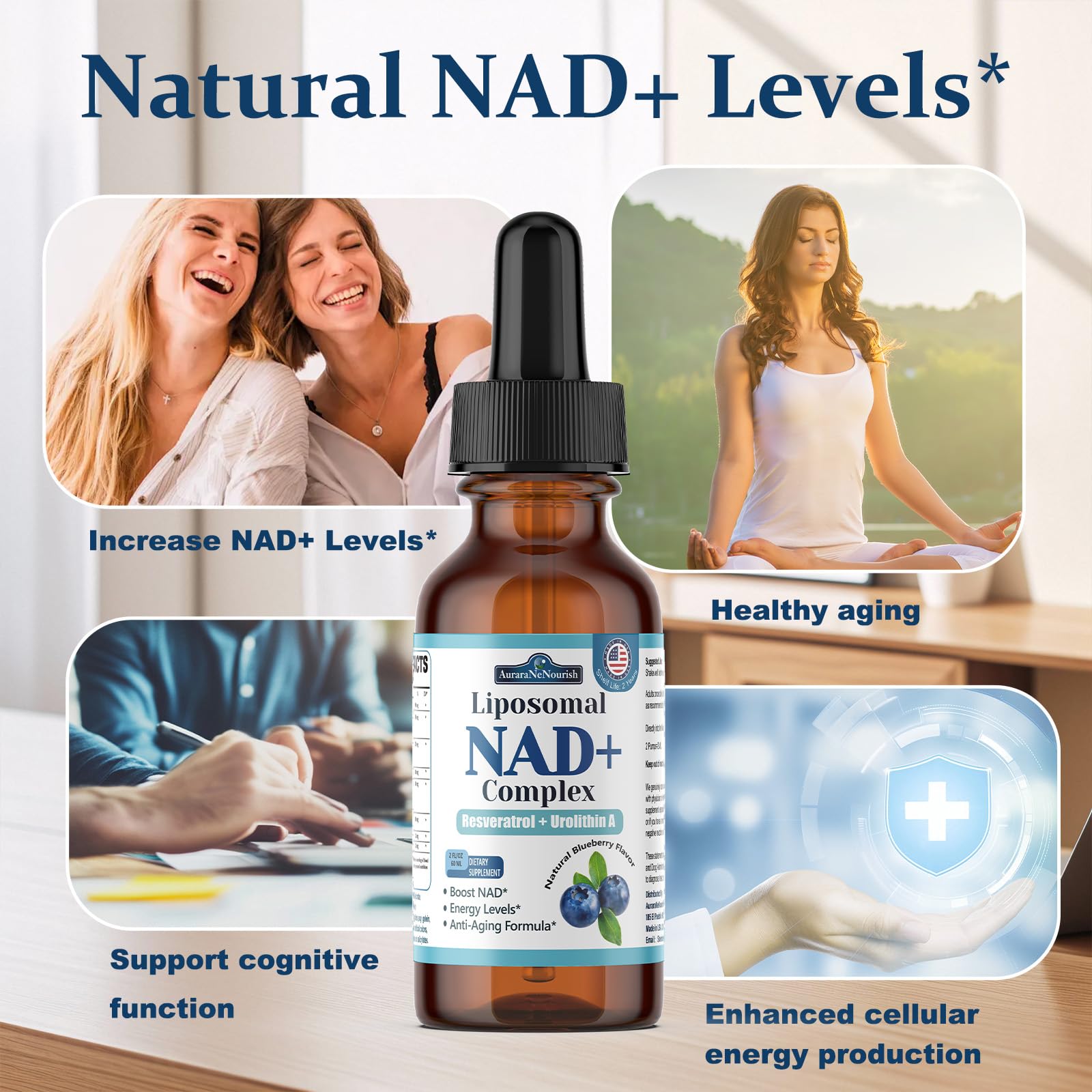 Liposomal NAD+ Liquid Drops, 8-in-1 NAD⁺ Nicotinamide Riboside Resveratrol 900mg w. Quercetin & Urolithin A | Fast Absorption NAD+ Supplement with CoQ10, ALA | Cellular Energy, Anti-Aging, Vitality AuraraNeNourish uk supplements