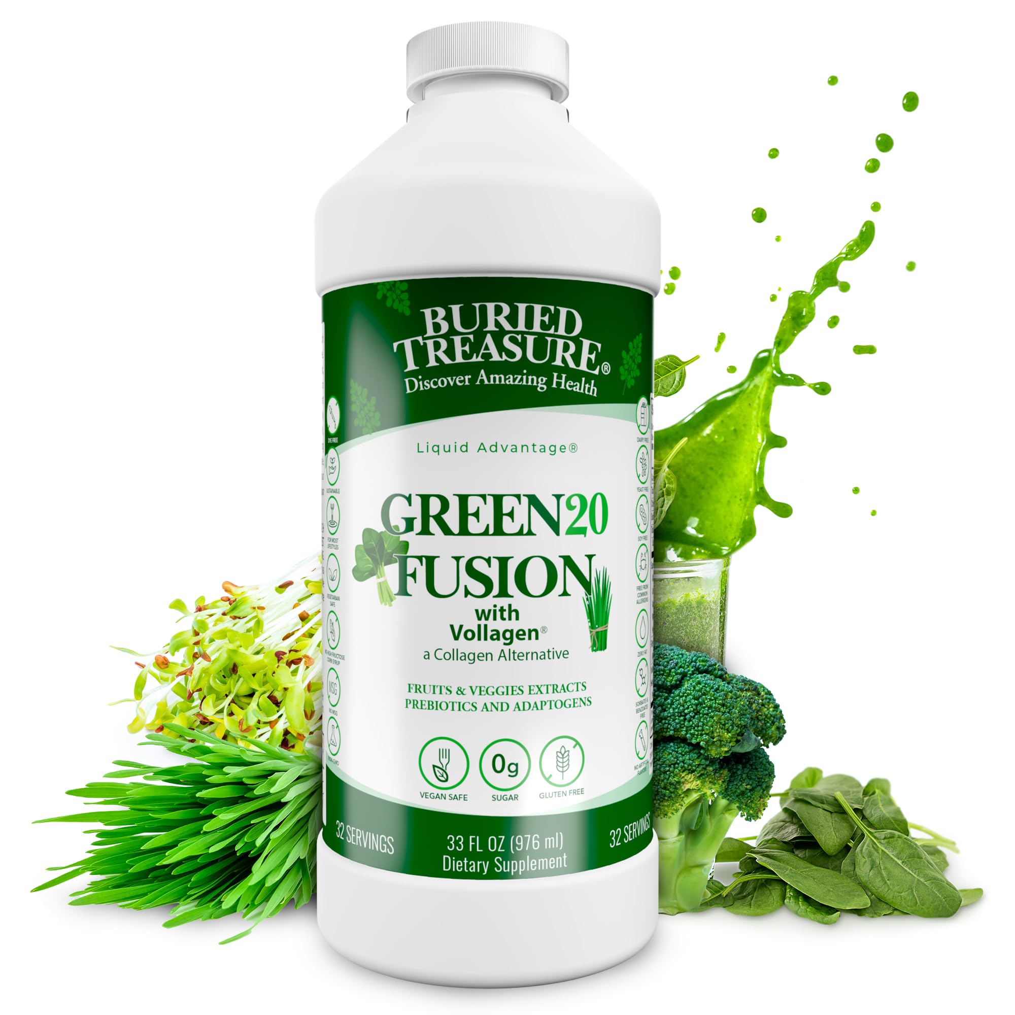 Buried Treasure Green20 Fusion – Superfood Blend with Vollagen for Skin, Hair, and Joint Support, Plant-Based, Vegan, Non-GMO Gluten-Free, Dairy-Free, Soy-Free, 32oz Liquid Buried Treasure uk supplements