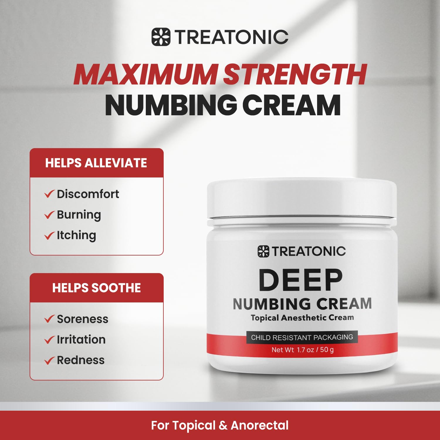 Treatonic Maximum Strength Numbing Cream: Numbing Cream for Discomfort, Burn, Itch & Pain Relief - Fast-Acting, Soothing Topical Anesthetic with Menthol & Emu Oil for Hemorrhoid Treatment – 1.7oz Treatonic uk supplements