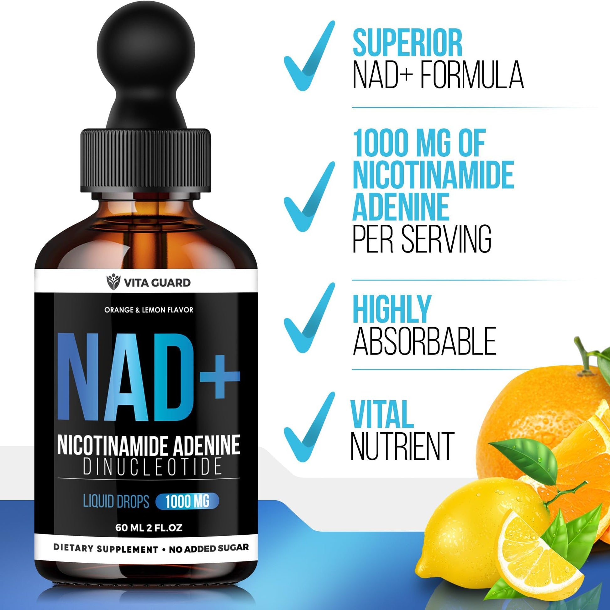 Vita Guard Pure NAD+ Supplements 1000mg Liquid Drops for Women & Man | Nicotinamide Adenine Similar to Nicotinamide Riboside NAD Plus Boosting Supplement - Natural Lemon & Orange Flavor Vita Guard uk supplements