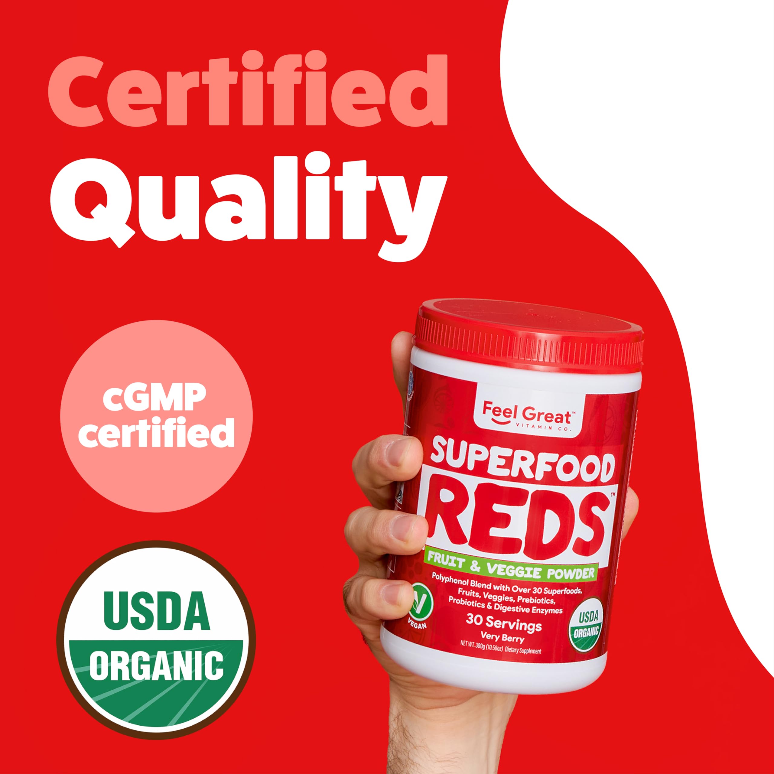 Feel Great Organic Superfood Reds Powder Packed with Beet Root Powder | Digestive Support Including Bloating Relief | Fruit and Veggie Polyphenols Supplement. The Feel Great Vitamin Company uk supplements