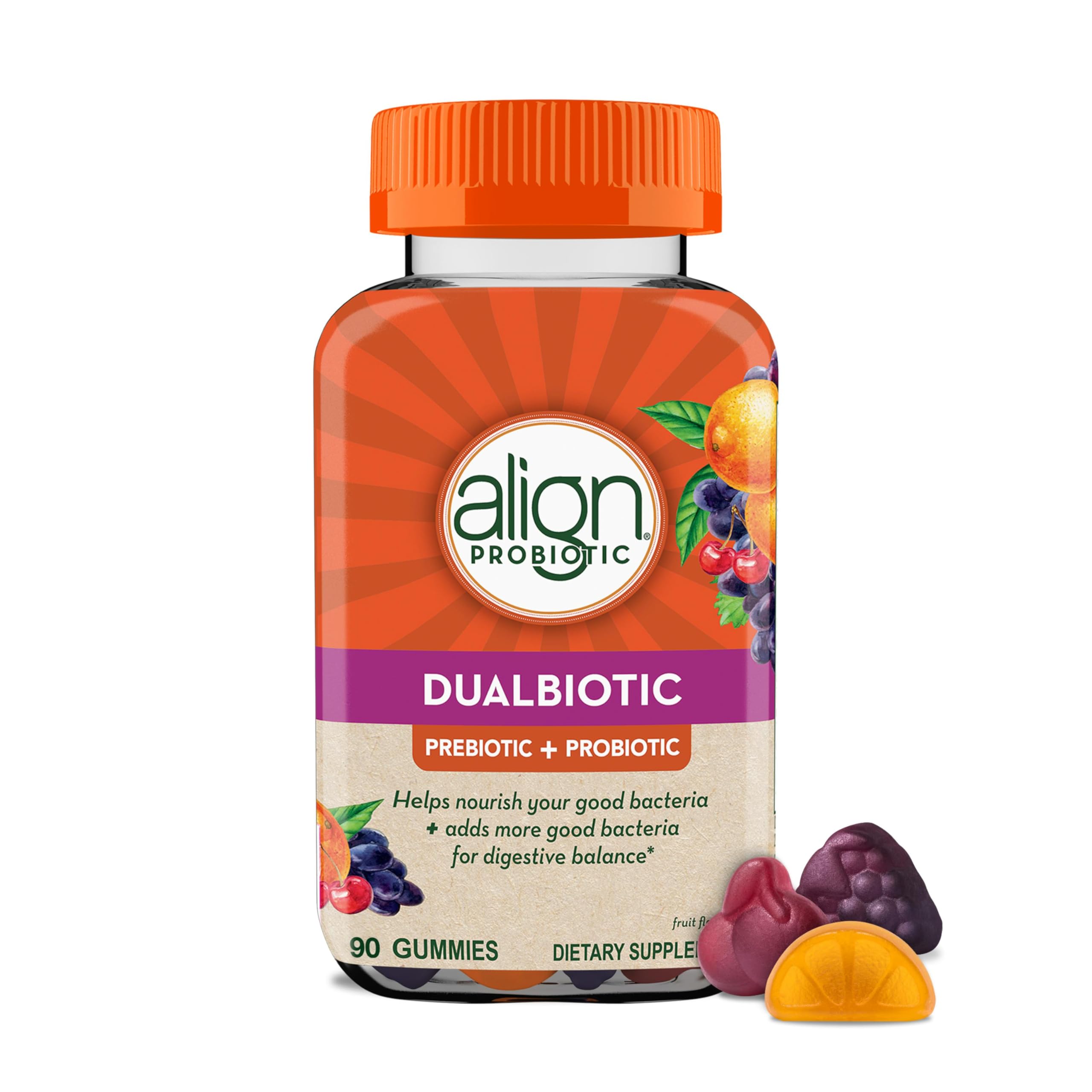 Align Dualbiotic, Prebiotics and Probiotics for Women and Men, Probiotics for Digestive Health, Prebiotics Help Nourish Good Bacteria, Natural Fruit Flavors, 90 Probiotic Gummies Align uk supplements